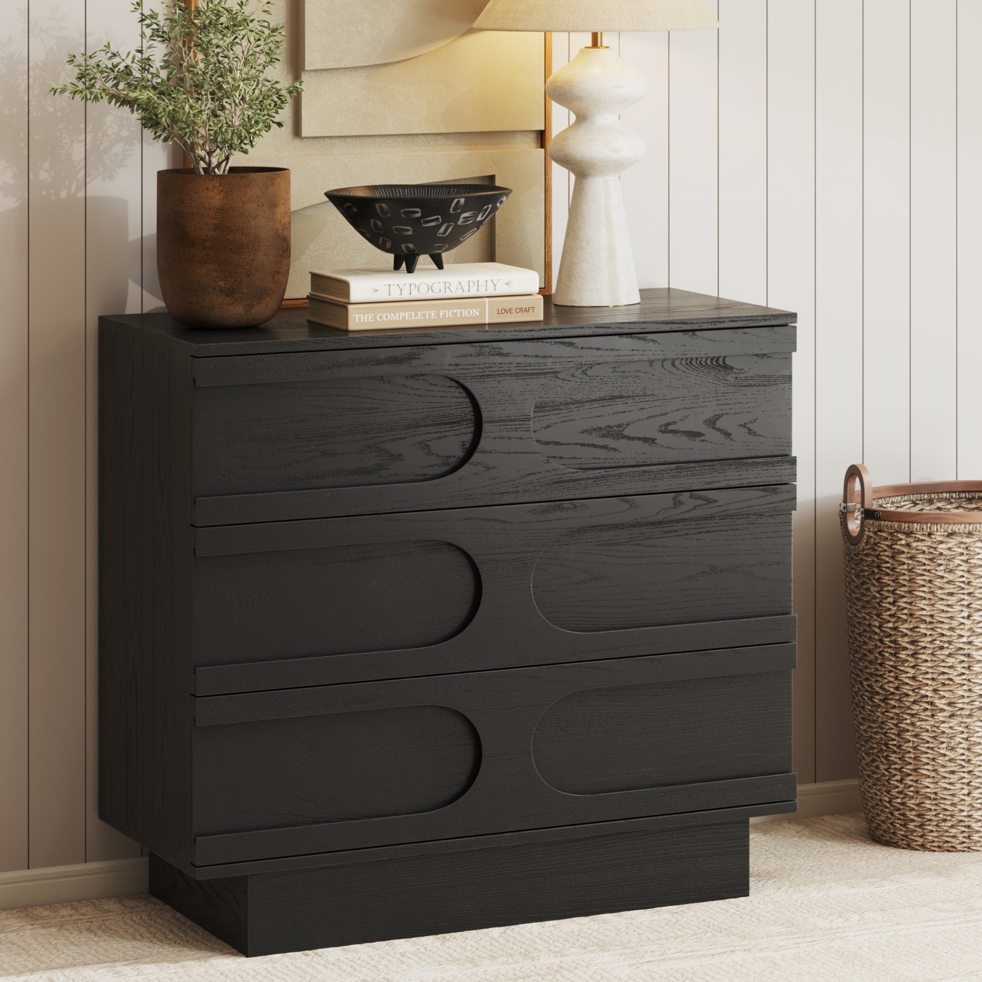 Mid - Century 3 - Drawer Arched Dresser Black Oak - Nathan James
