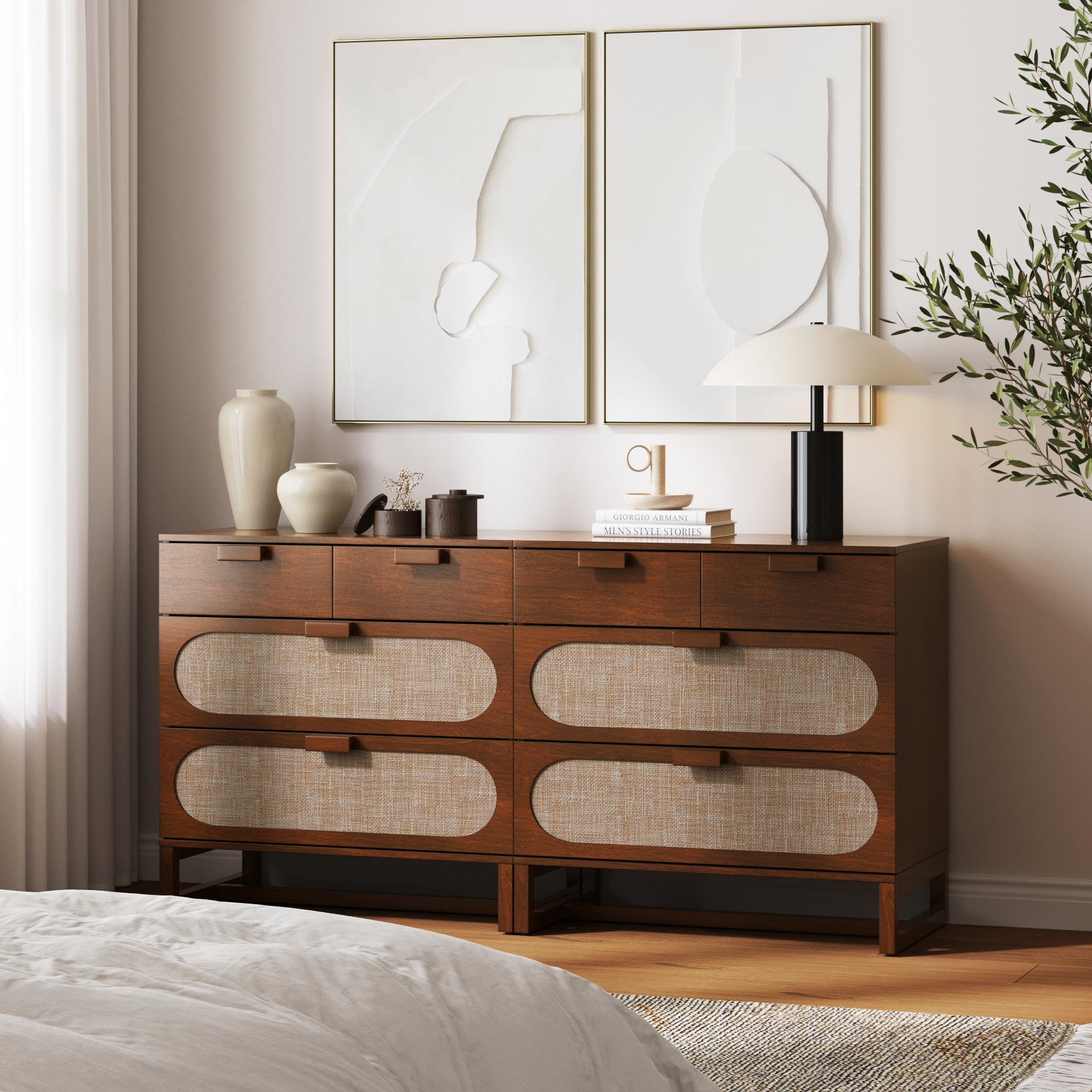 Mid - Century Rattan 3 - Drawer Dressers Dark Acacia (Set of 2) - Nathan James