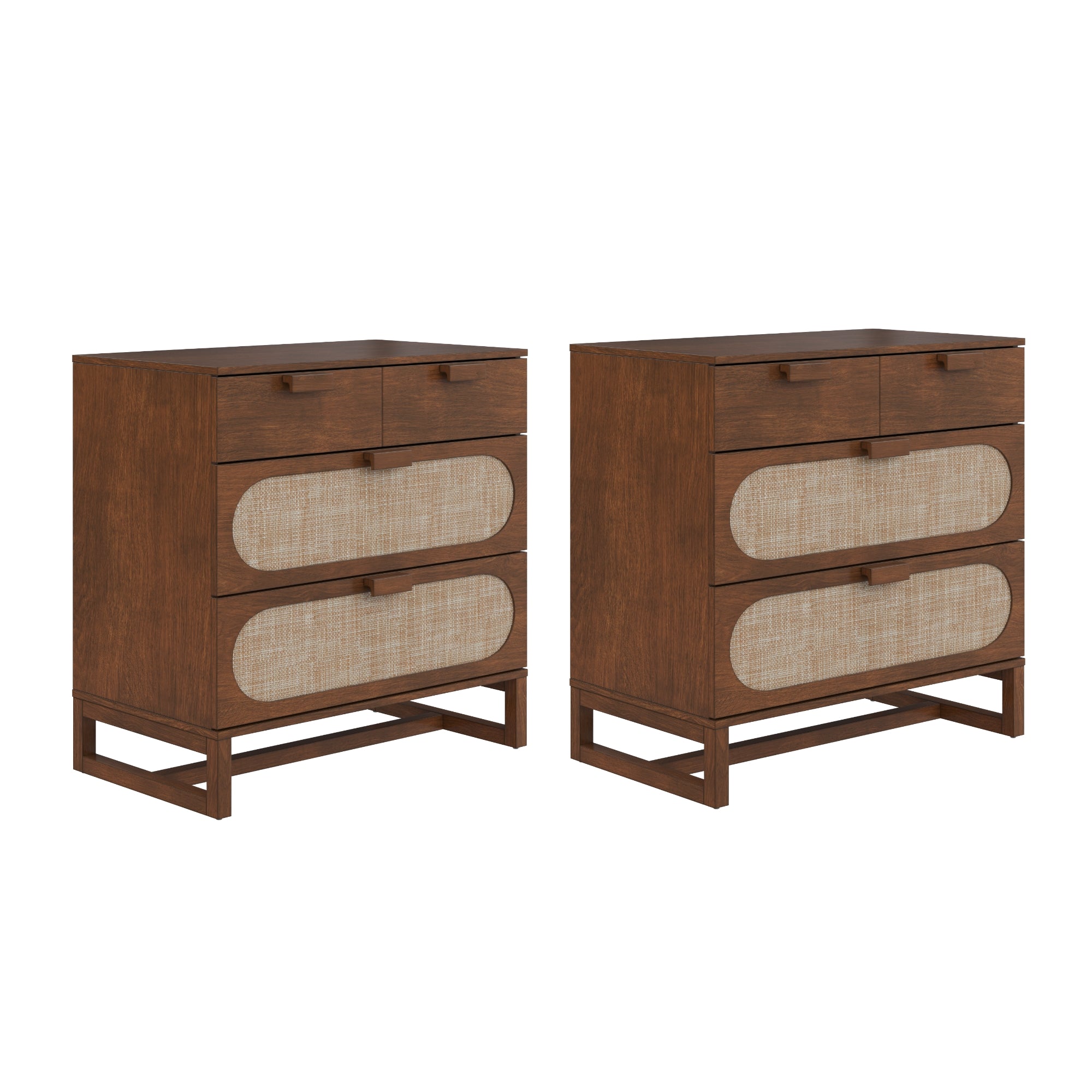 Two matching wooden dressers with a dark brown finish, each featuring two small upper drawers and two larger lower drawers with beige woven panel fronts, standing side by side on open rectangular bases.