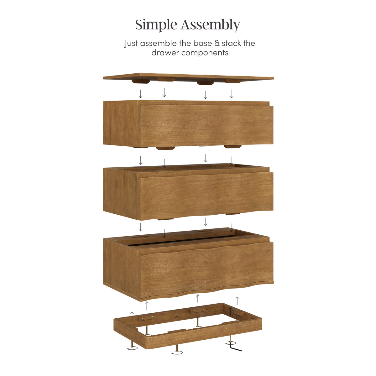 Modern Wood Stackable 3-Drawer Wavy Dresser Light Brown - Nathan James