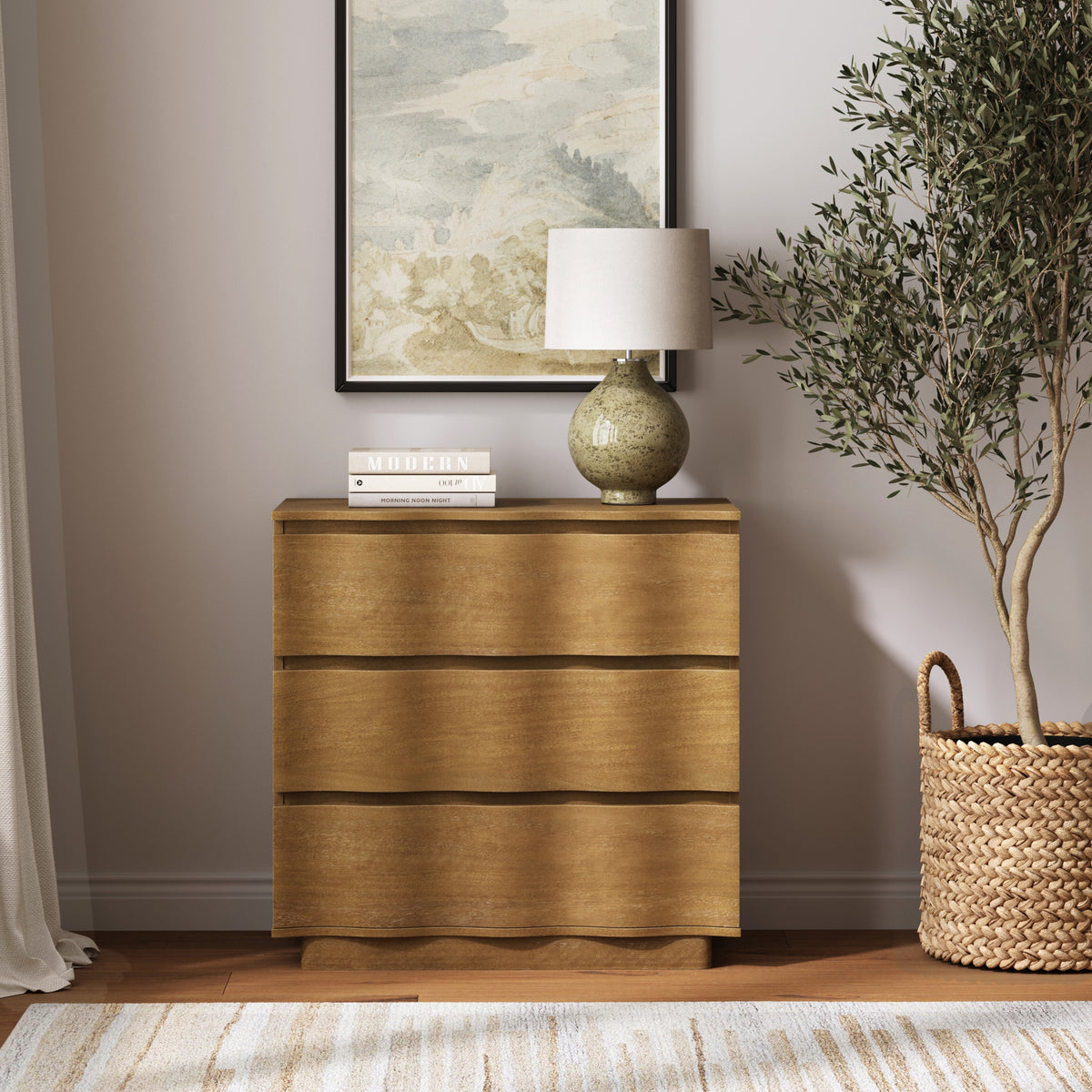 Modern Wood Stackable 3-Drawer Wavy Dresser Light Brown - Nathan James