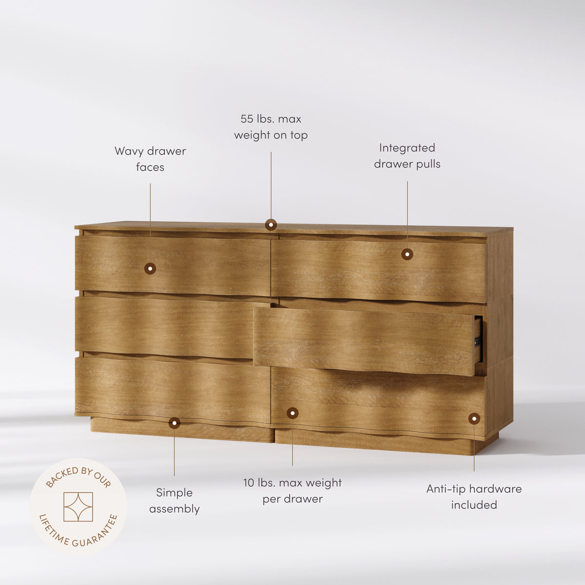 Modern Wood Stackable 6-Drawer Wavy Dresser Light Brown - Nathan James