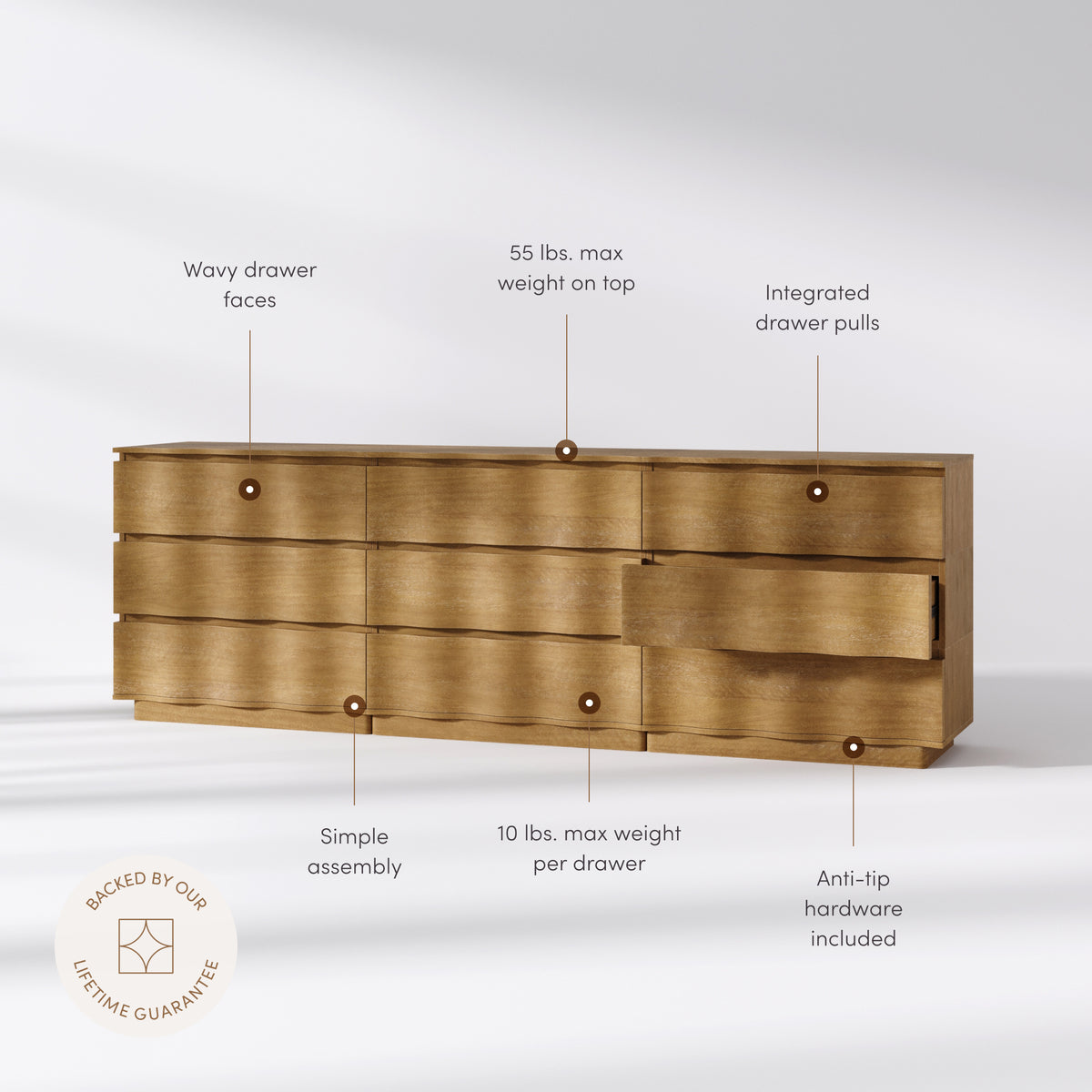 Modern Wood Stackable 9-Drawer Wavy Dresser Light Brown - Nathan James