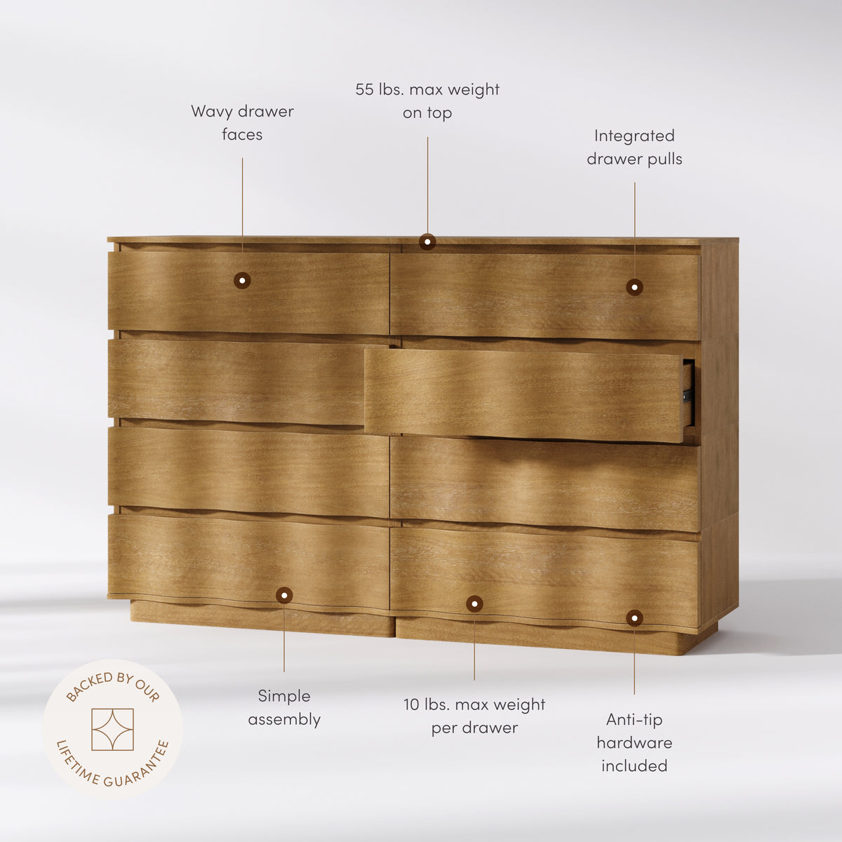 Modern Wood Stackable 8-Drawer Wavy Dresser Light Brown - Nathan James
