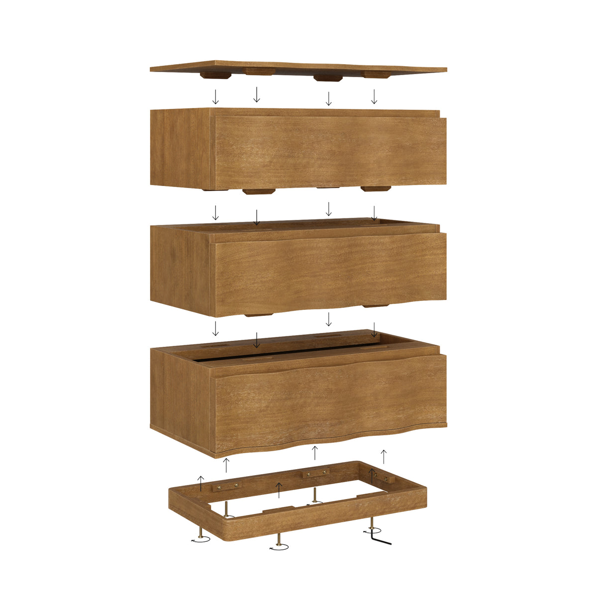 Exploded view of a wooden storage unit being assembled, showing four stacked segments and a base frame with arrows indicating how the pieces connect.