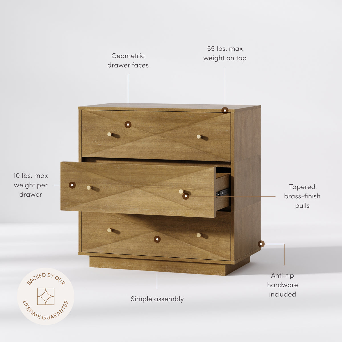 Modern Wood 3-Drawer Geometric Dresser Light Brown - Nathan James