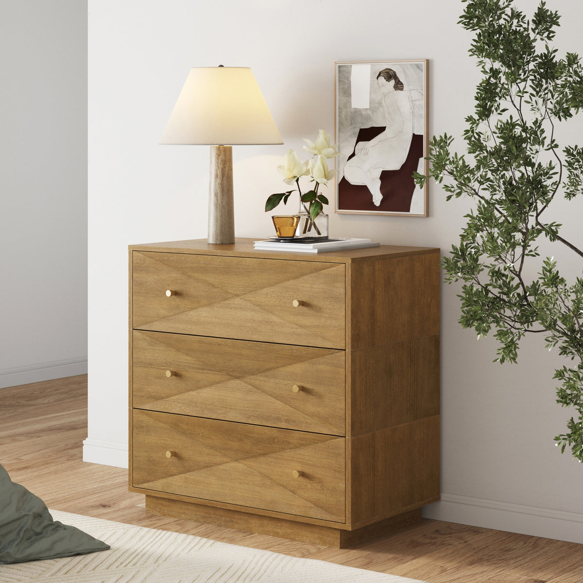 Modern Wood 3-Drawer Geometric Dresser Light Brown - Nathan James