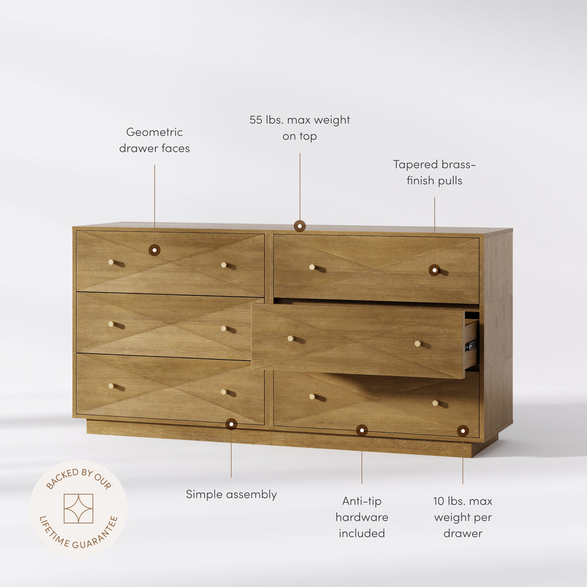 Modern Wood 6-Drawer Geometric Dresser Light Brown - Nathan James