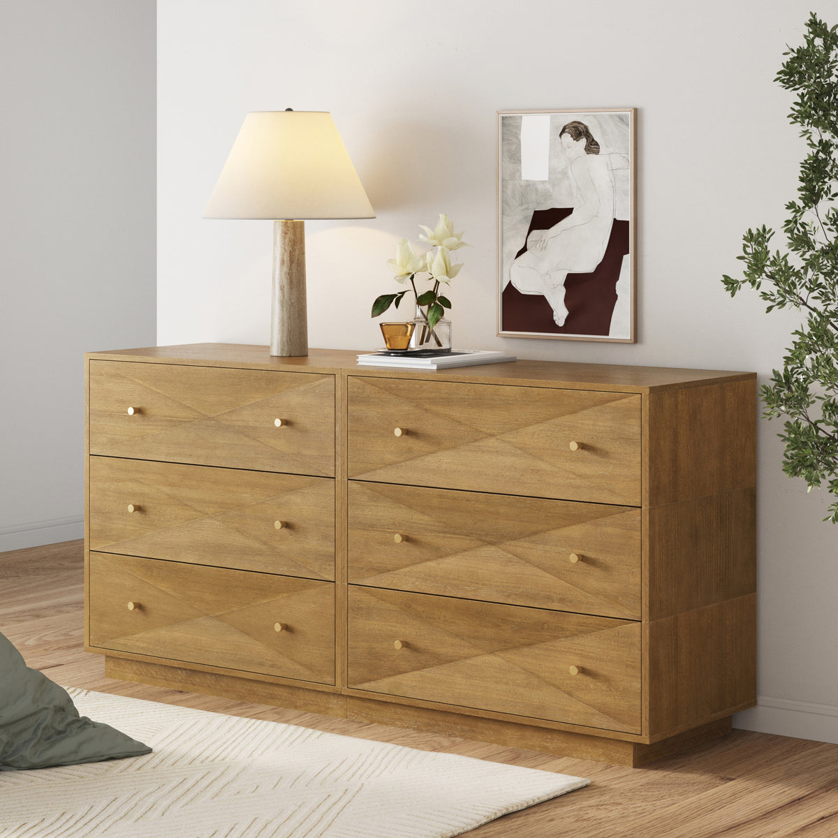 Modern Wood 6-Drawer Geometric Dresser Light Brown - Nathan James