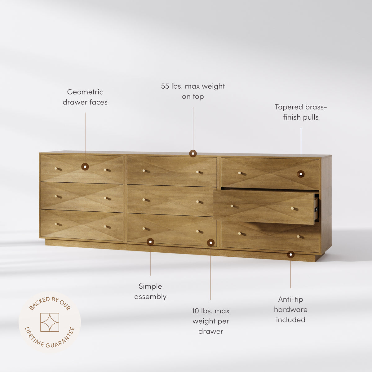 Modern Wood 9-Drawer Geometric Dresser Light Brown - Nathan James