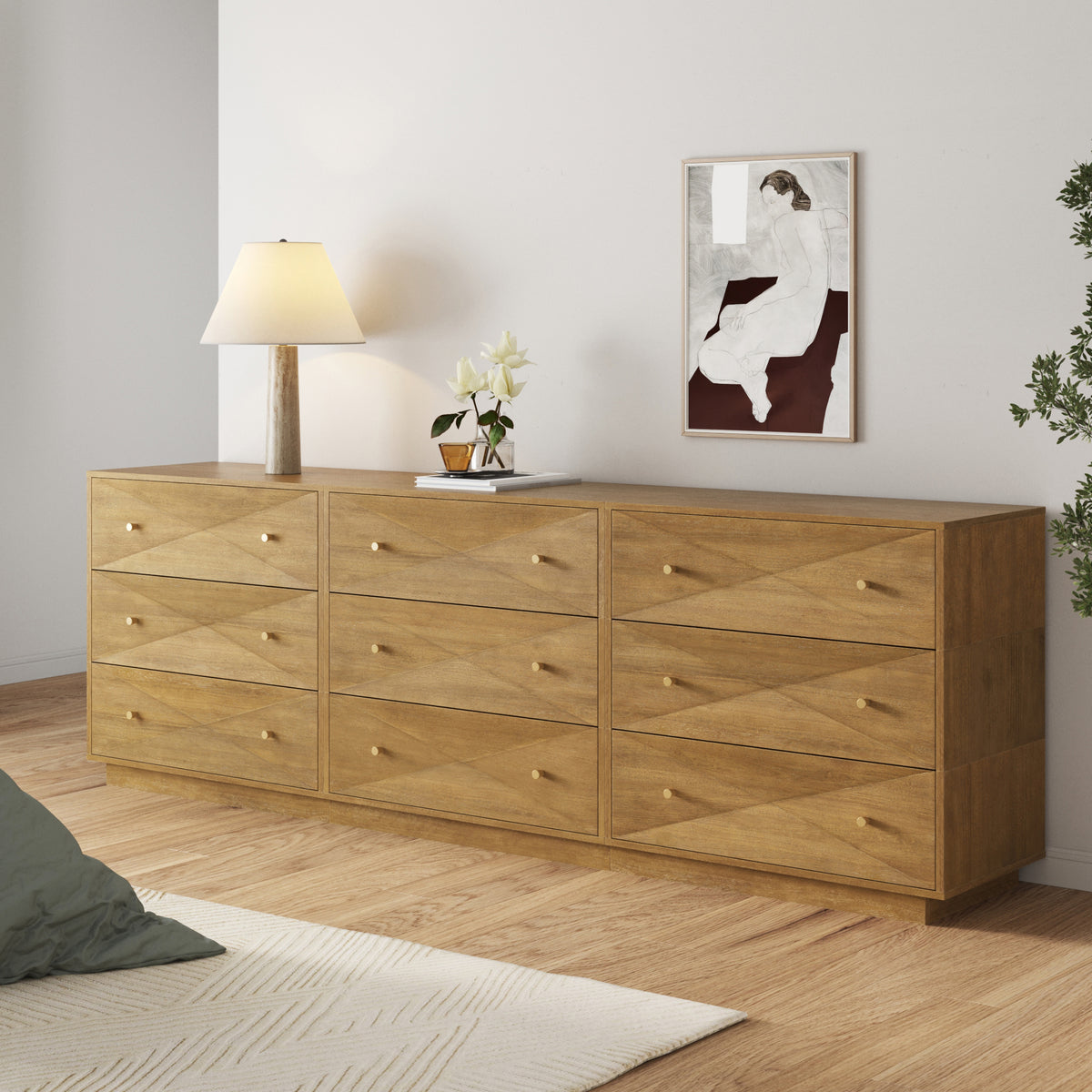 Modern Wood 9-Drawer Geometric Dresser Light Brown - Nathan James
