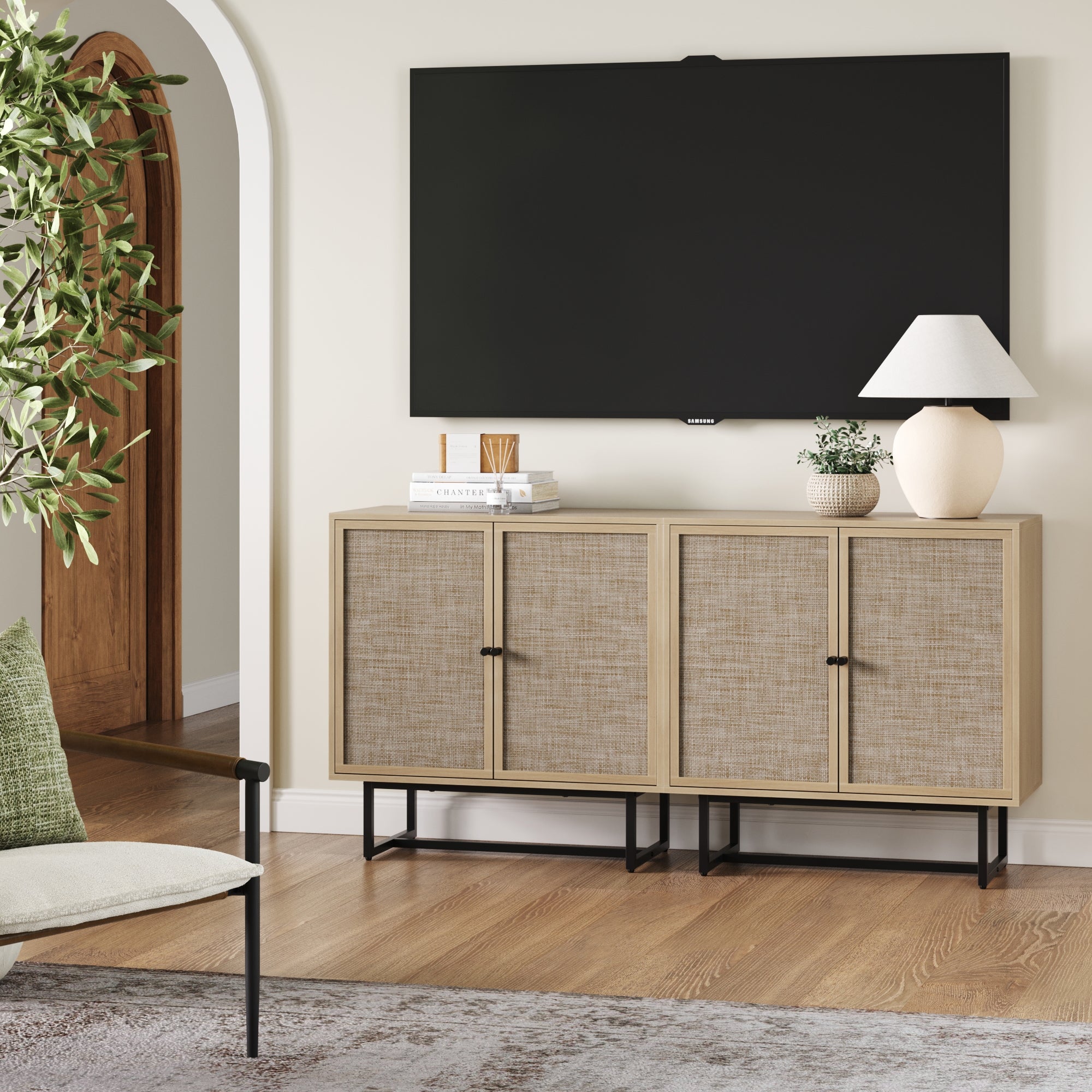 Metal and Rattan TV Stand Console for TVs 55 - 65" Light Oak - Nathan James