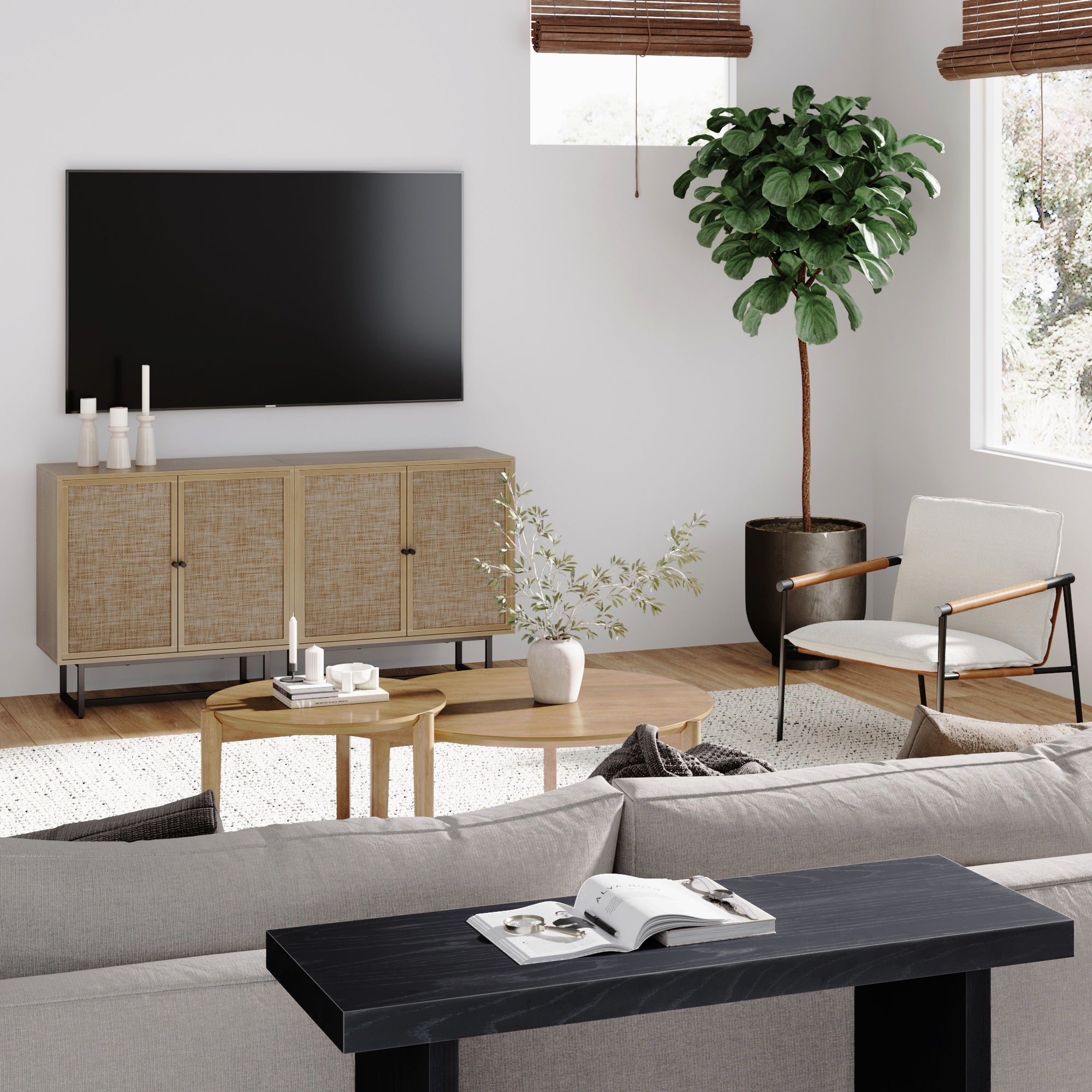 Metal and Rattan TV Stand Console for TVs 55 - 65" Light Oak - Nathan James