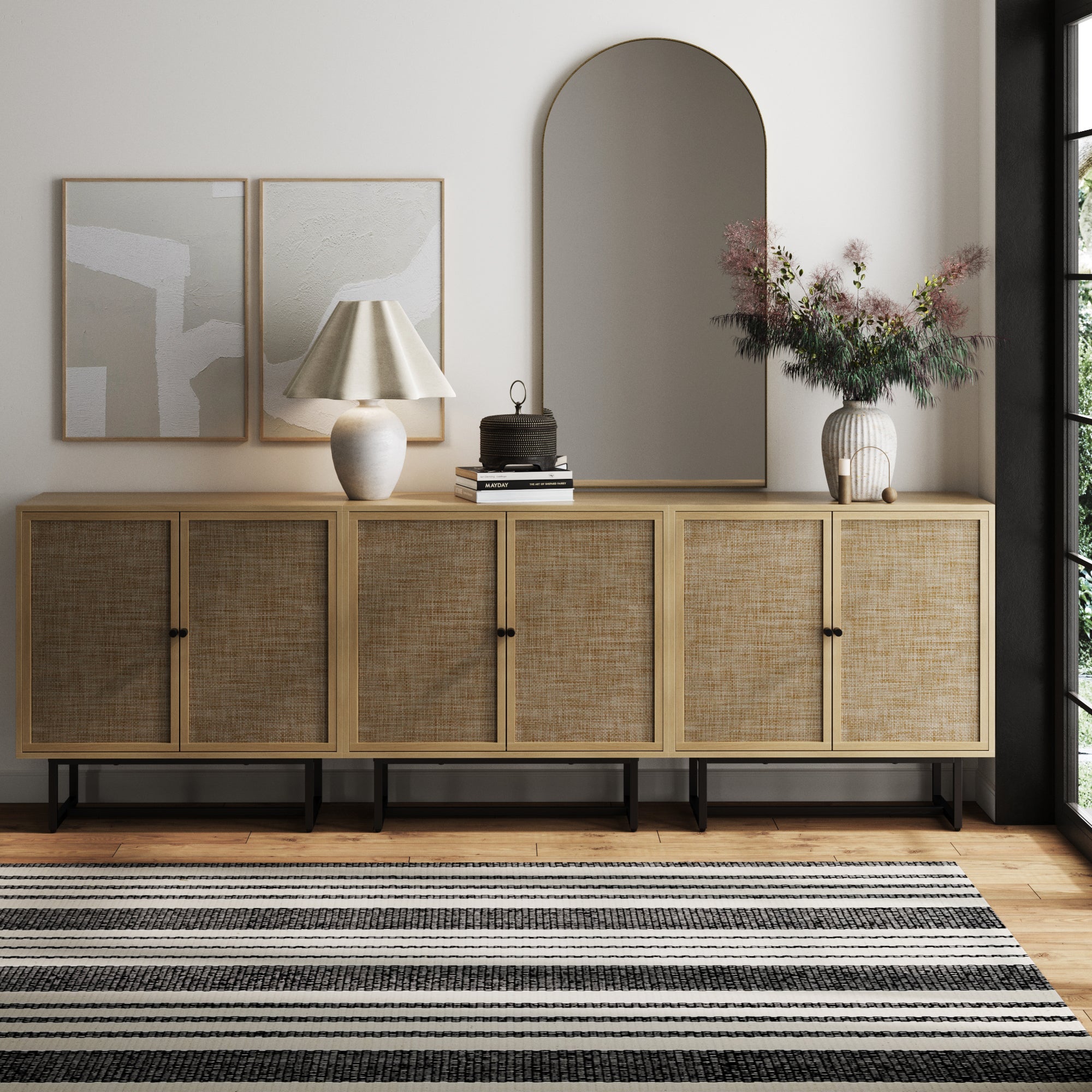 Metal and Rattan TV Stand Console for TVs 75 - 85" Light Oak - Nathan James