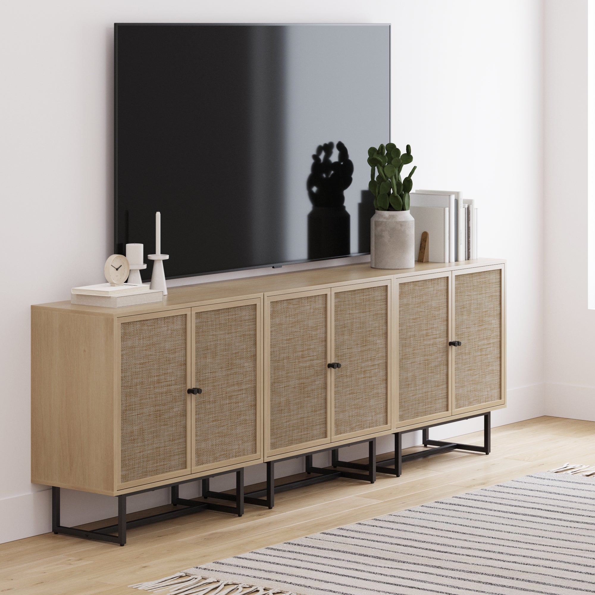 Metal and Rattan TV Stand Console for TVs 75 - 85" Light Oak - Nathan James