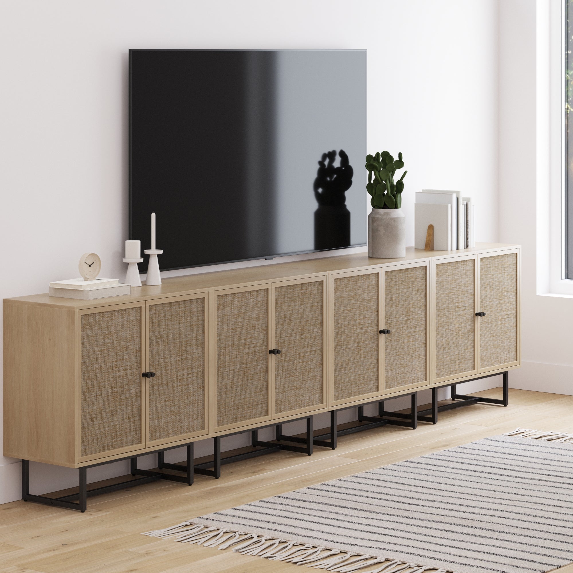 Metal and Rattan TV Stand Console for TVs 85" Light Oak - Nathan James