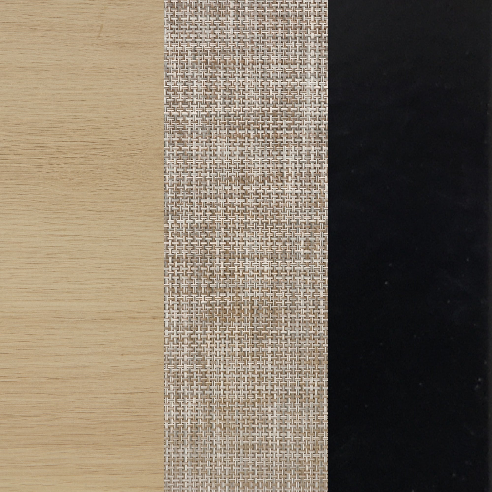 A surface with three vertical sections: light wood on the left, woven beige fabric in the center, and solid black on the right.