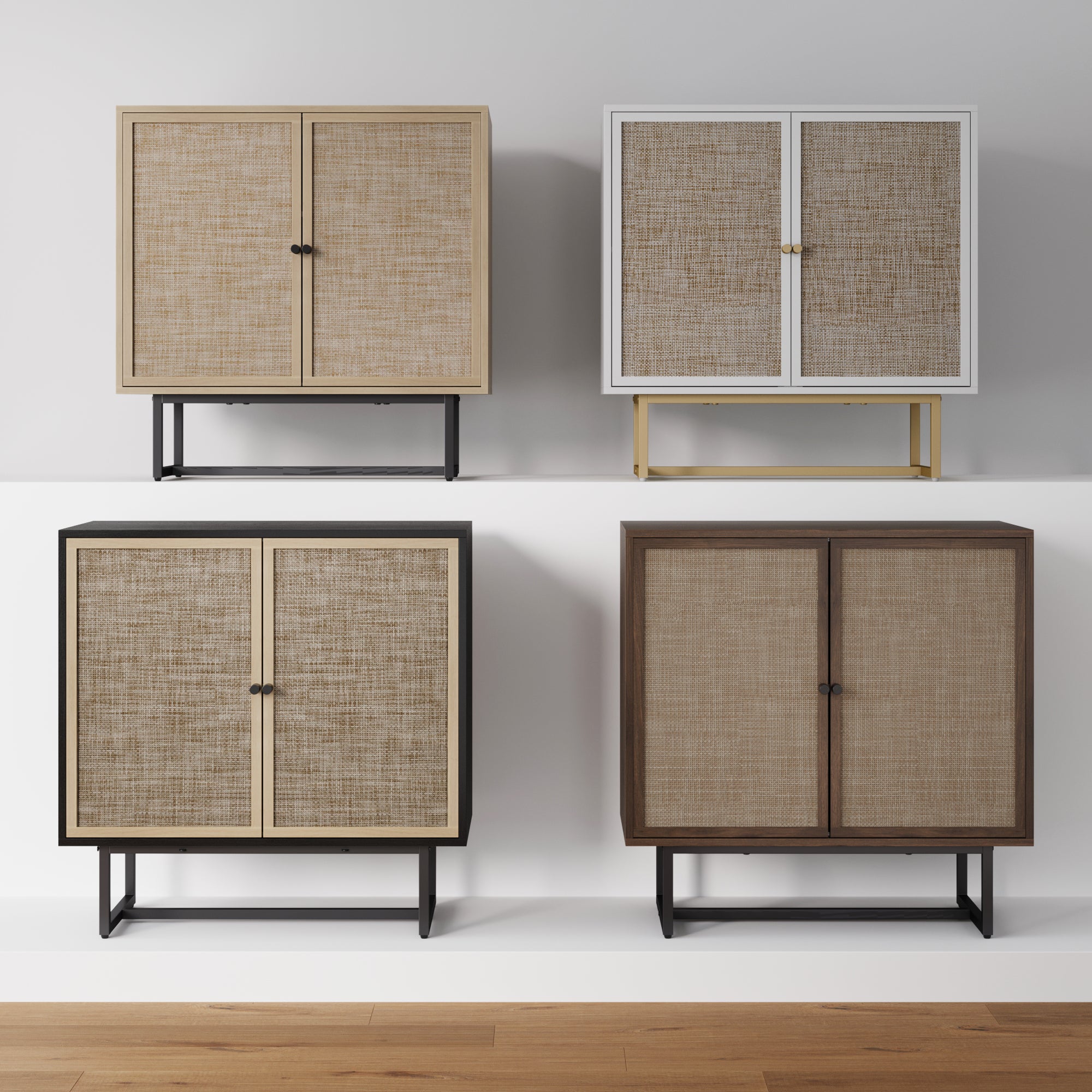 Four modern cabinets with woven rattan doors, each in different frame colors—light wood, white, black, and dark brown—are displayed on two white shelves against a plain wall. A wood floor is visible.