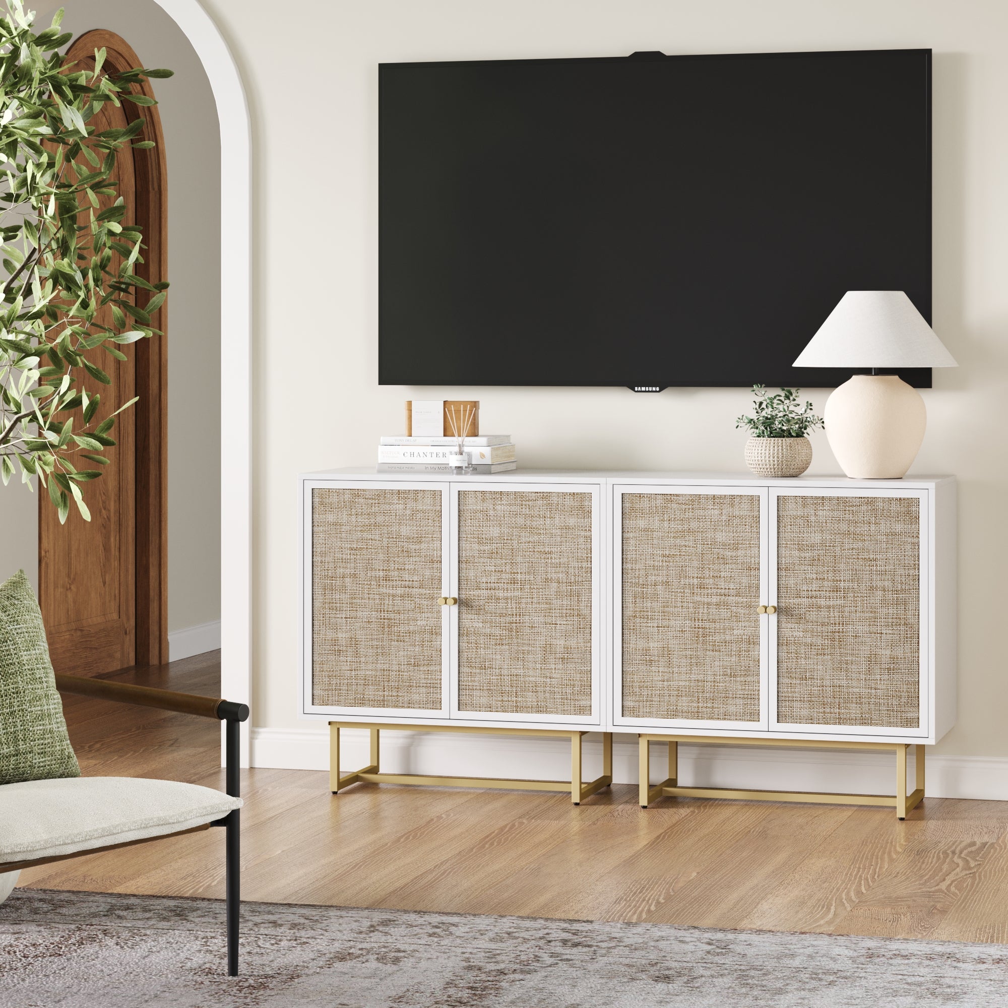Metal and Rattan TV Stand Console for TVs 55 - 65" White - Nathan James