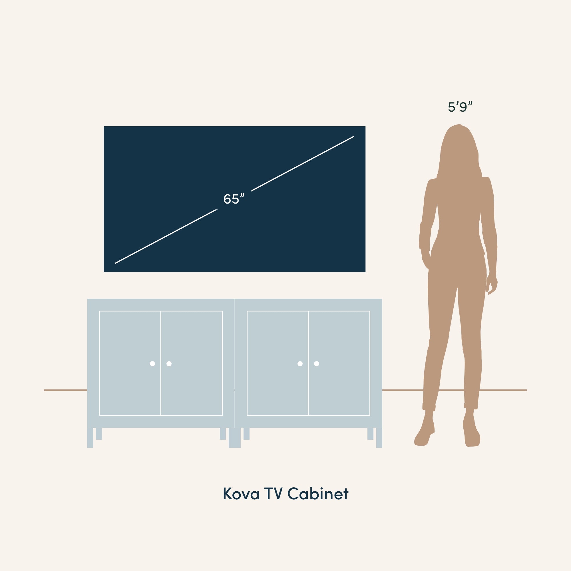 Illustration showing a 65-inch TV on a Kova TV cabinet next to the silhouette of a person who is 59 tall, for size comparison.