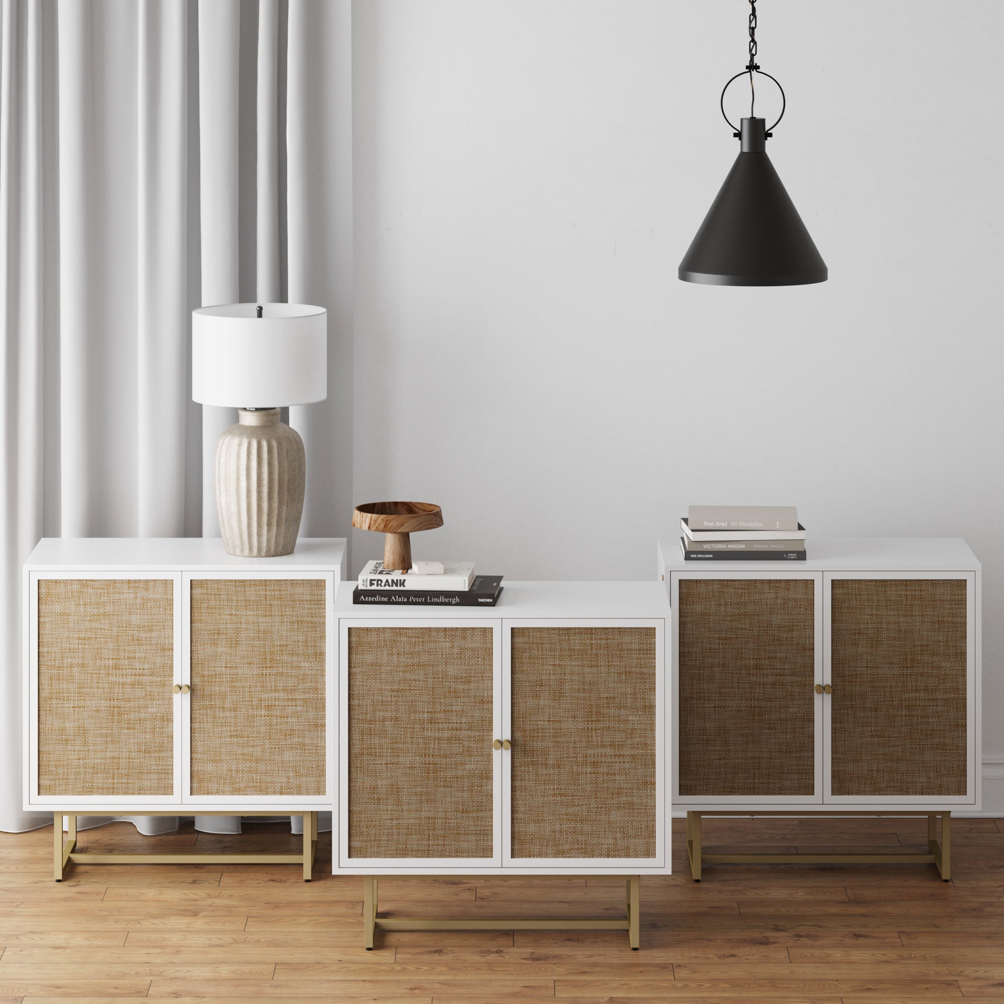 Rattan Storage Cabinet Credenza White (Set of 3) - Nathan James