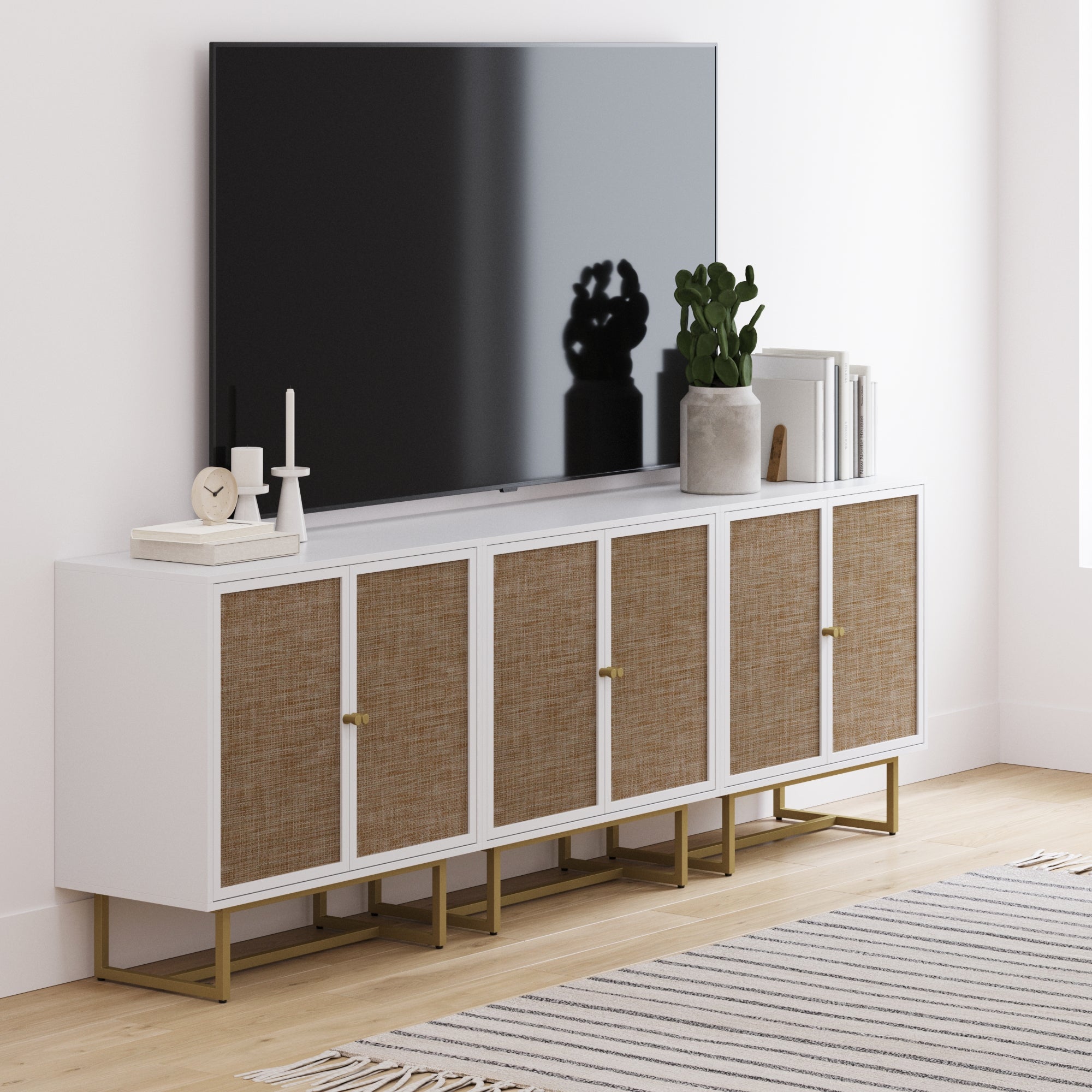 Metal and Rattan TV Stand Console for TVs 75 - 85" White - Nathan James