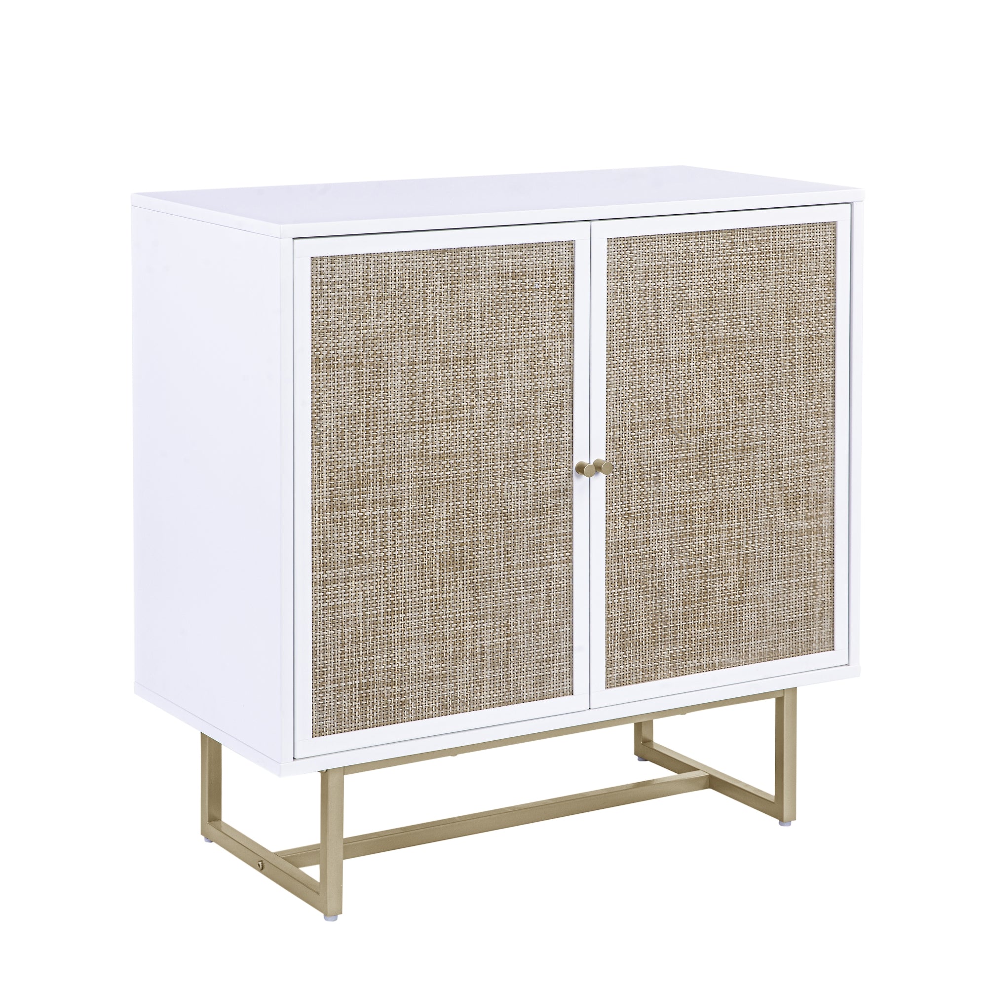 A modern cabinet with a white frame, two front doors featuring a woven rattan panel design, small round metal handles, and a gold metal base with straight legs.