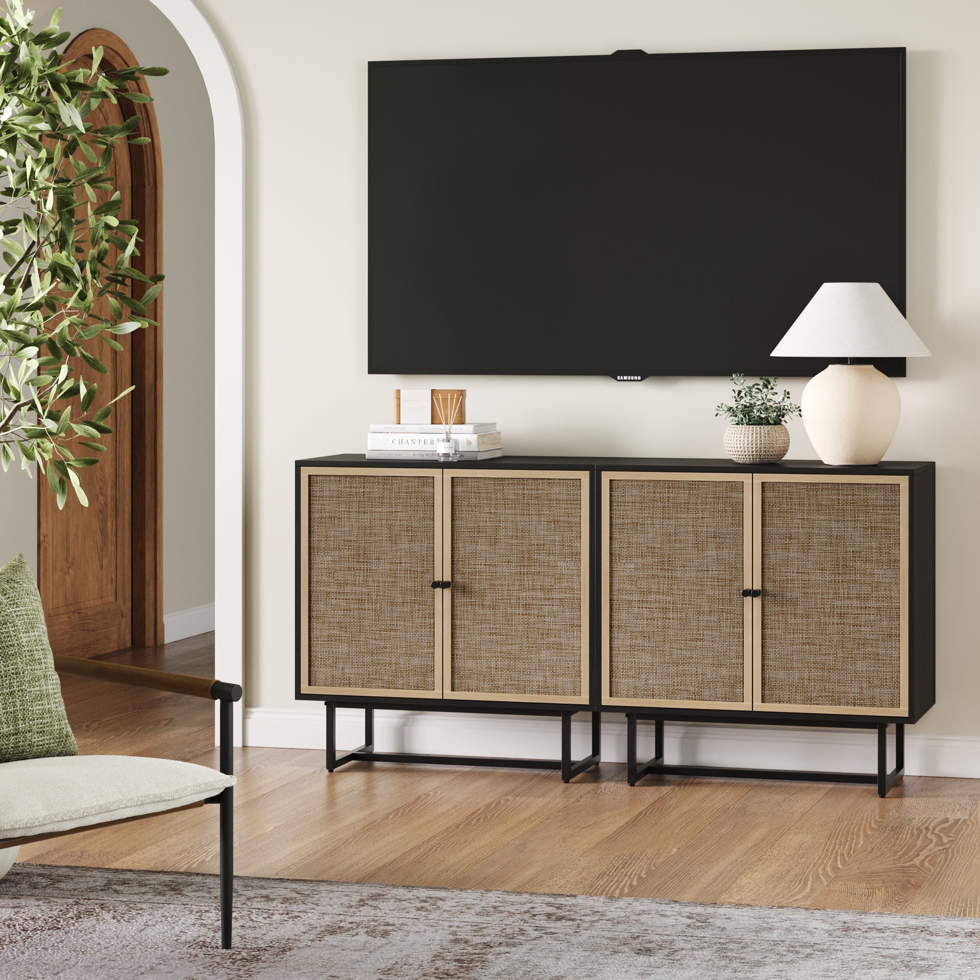 Metal and Rattan TV Stand Console for TVs 55 - 65" Black Oak - Nathan James