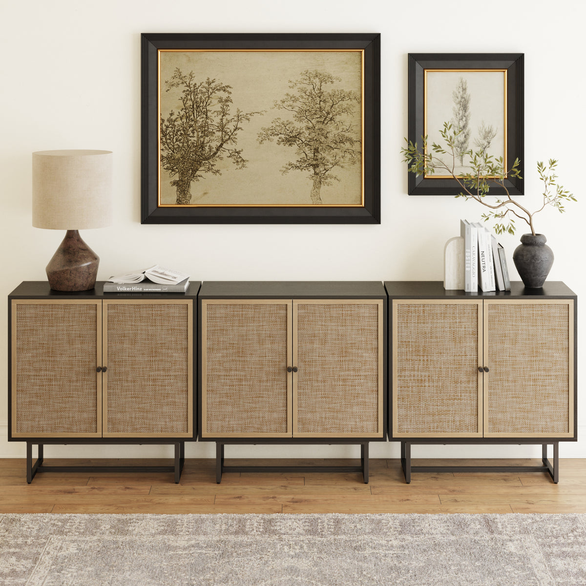 Rattan Storage Cabinet Credenza Black (Set of 3)
