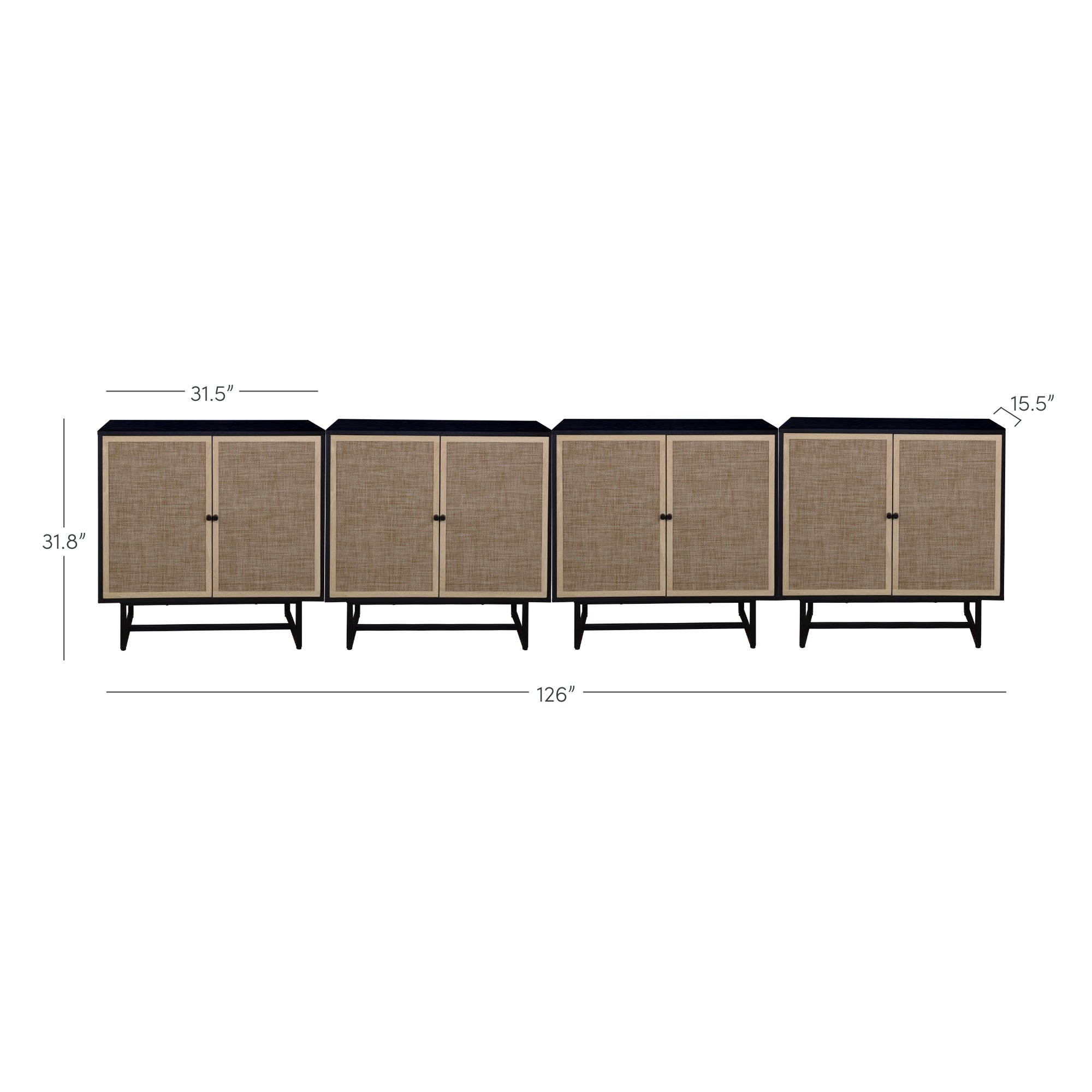 A long, four-door sideboard with woven rattan panels, black frame, and black legs. The sideboard measures 126 wide, 31.8 high, and 15.5 deep. Each door section is 31.5 wide. Measurements are labeled on the image.