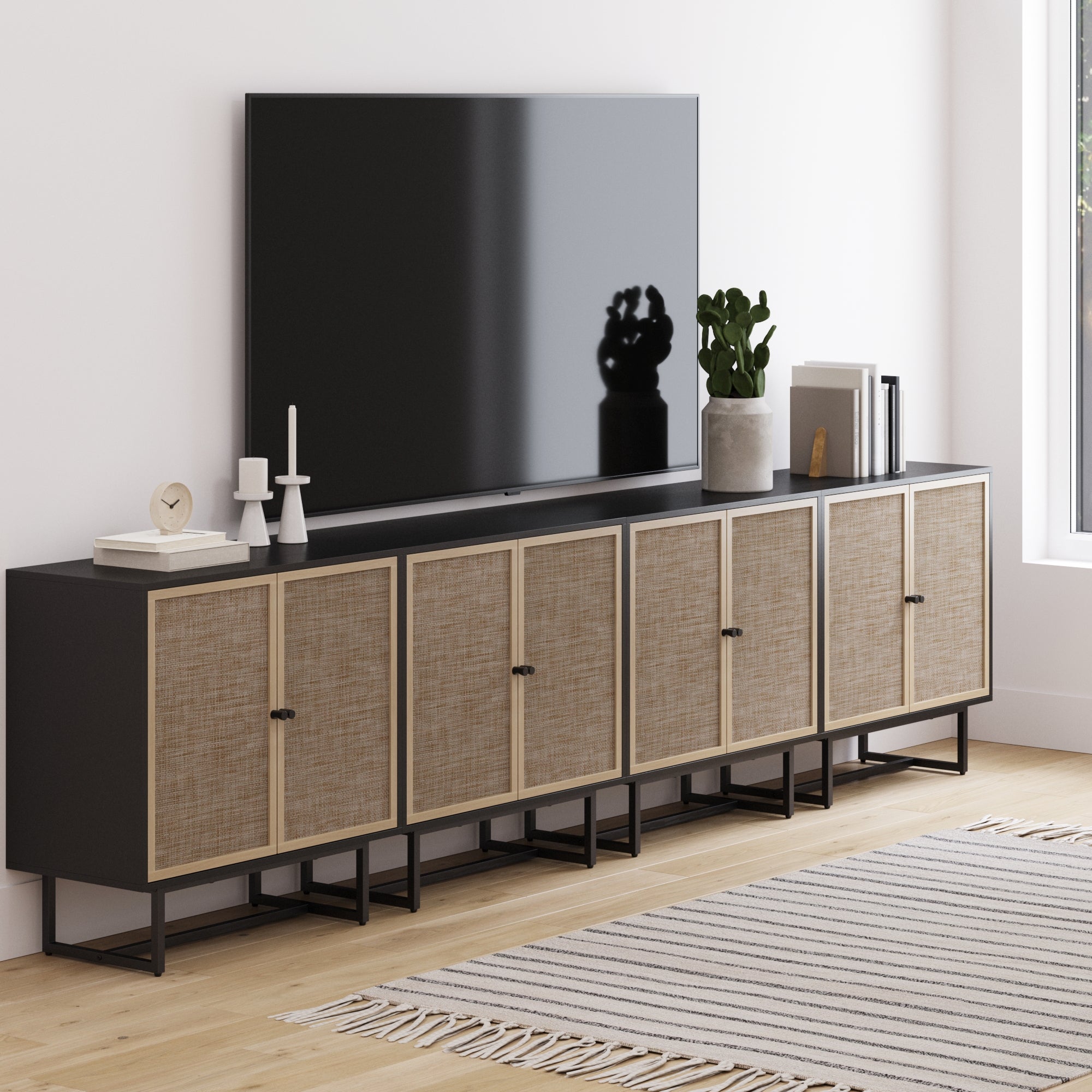 Metal and Rattan TV Stand Console for TVs 85" Black Oak - Nathan James