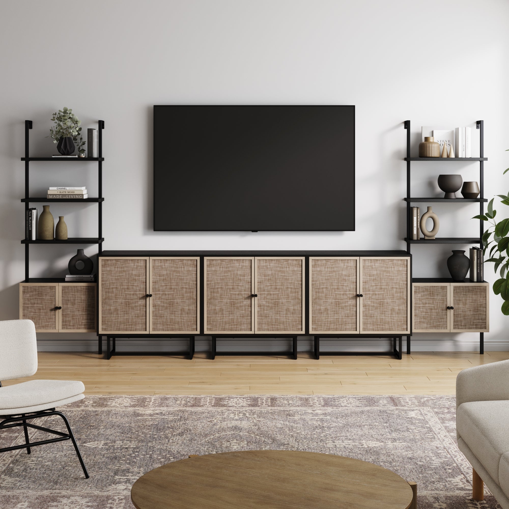 Boho Rattan Entertainment Center with Bookshelves - Nathan James
