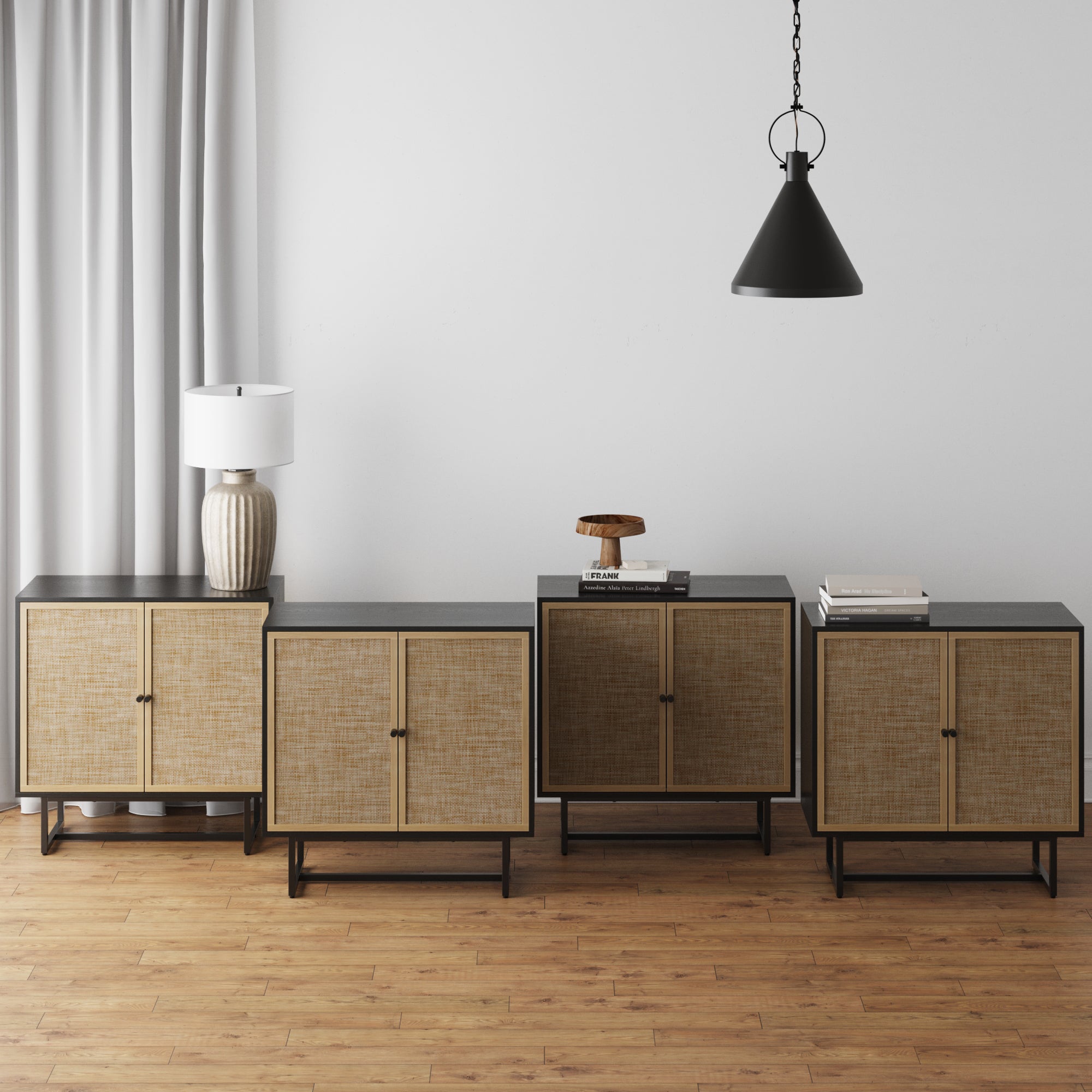 Large Rattan Credenza Console Table Black (Set of 4) - Nathan James