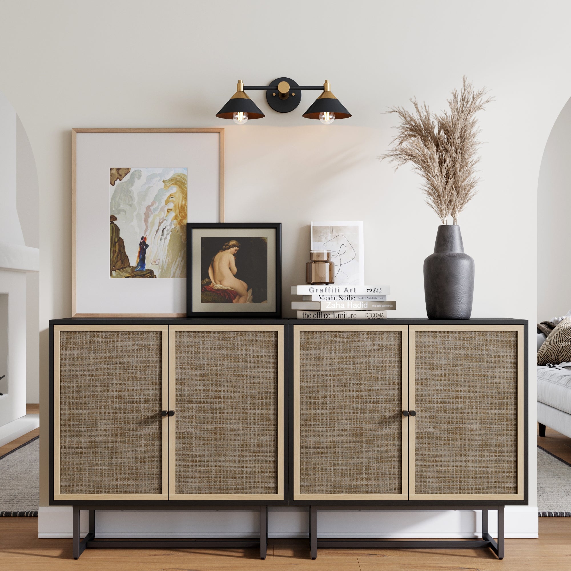 Rattan Storage Cabinet Credenza Black (Set of 2) - Nathan James