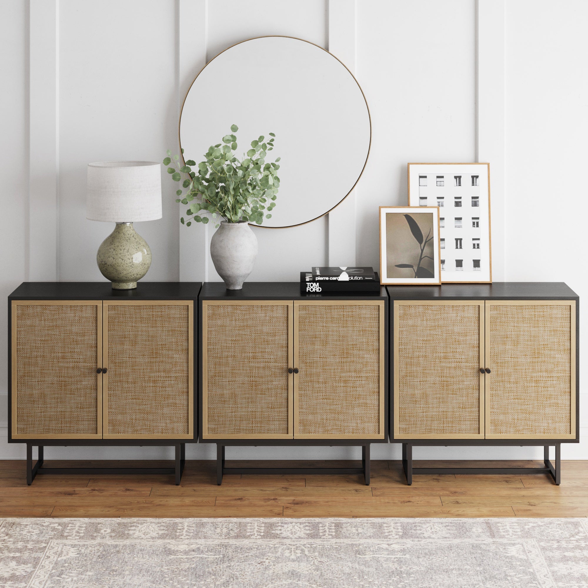 Metal and Rattan TV Stand Console for TVs 75 - 85" Black Oak - Nathan James