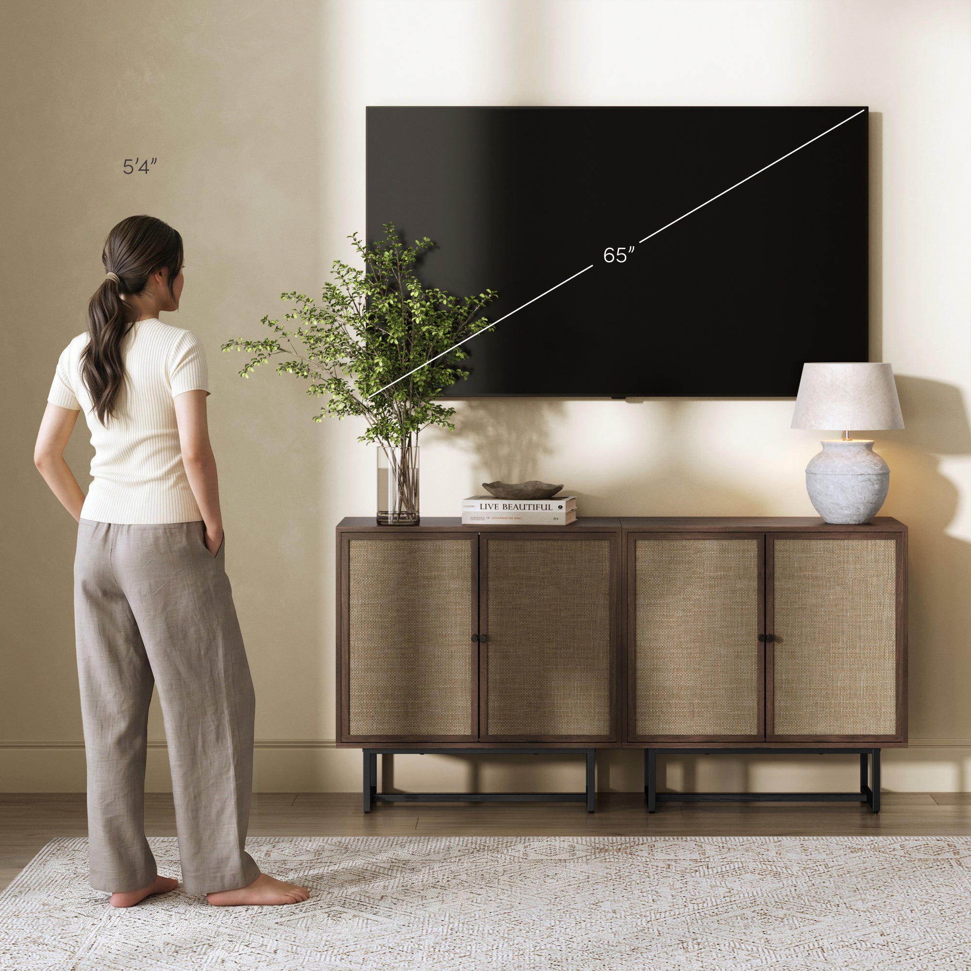 Metal and Rattan TV Stand Console for TVs up to 65" Walnut - Nathan James