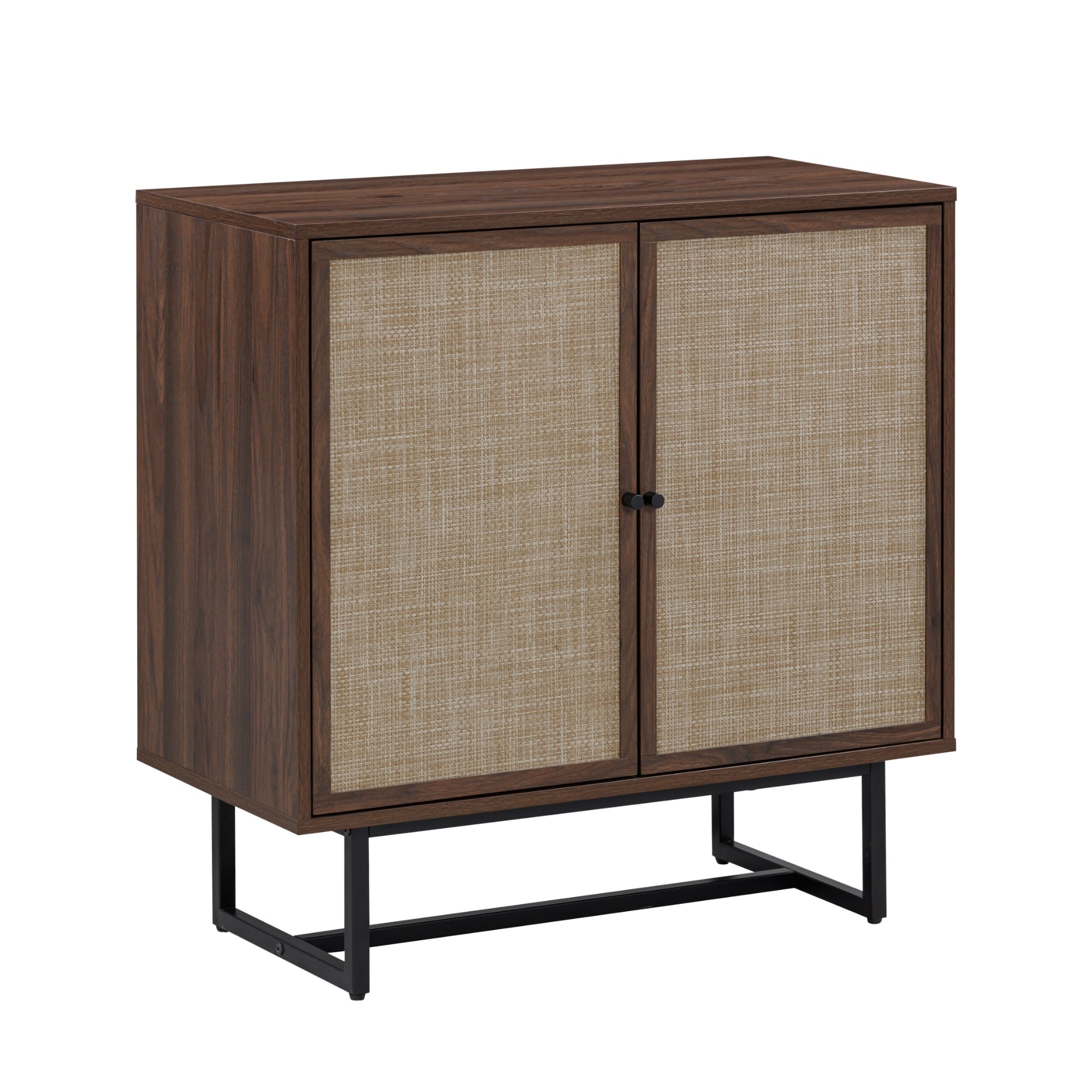 A wooden cabinet with two textured beige doors, black door knobs, and a black metal base. The design is modern with clean lines and a mid-century aesthetic.