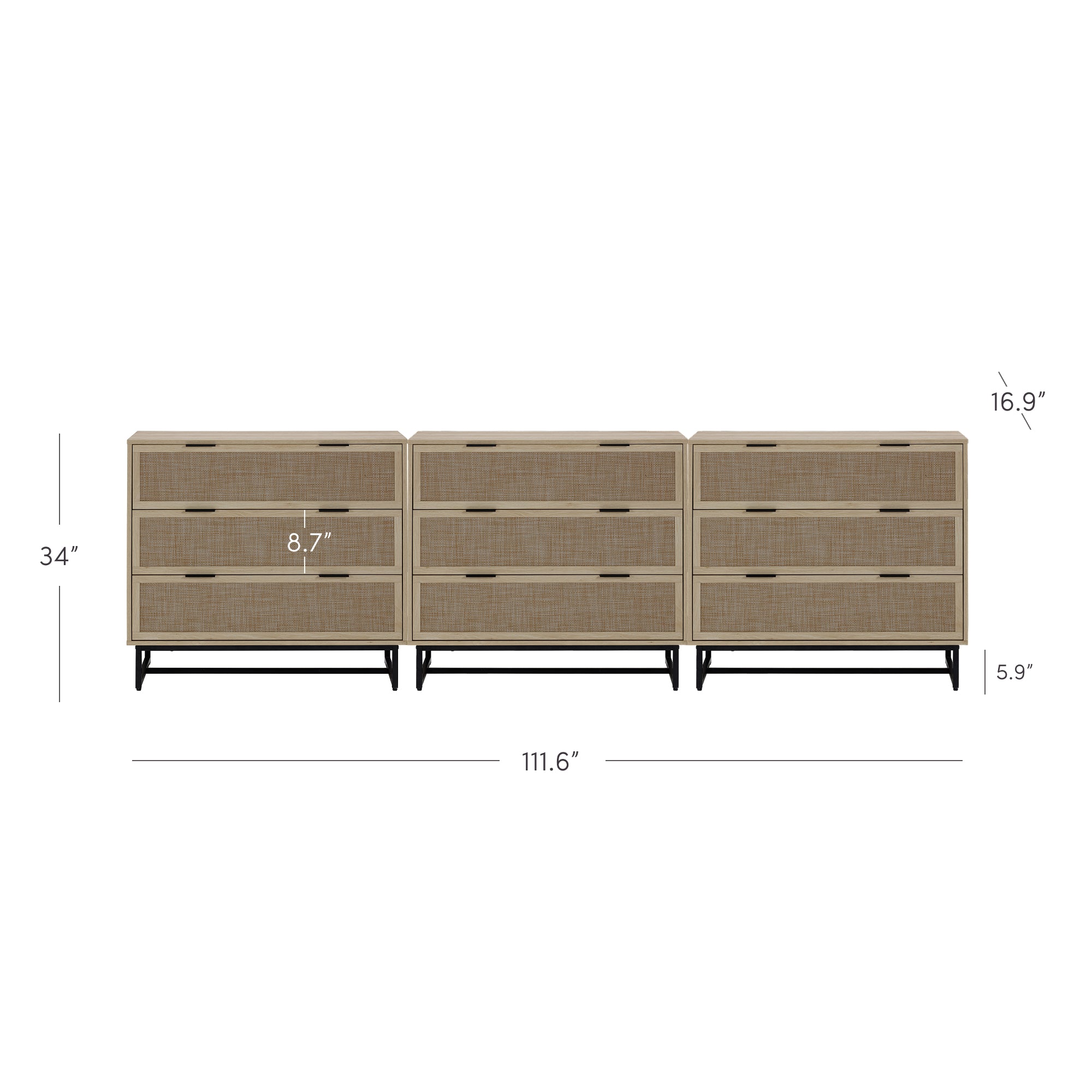 Three side-by-side wooden dressers with six drawers each, black legs, and dimensions labeled: 34 tall, 111.6 wide, drawers 8.7 high, legs 5.9 high, and a top angle of 16.9 degrees.