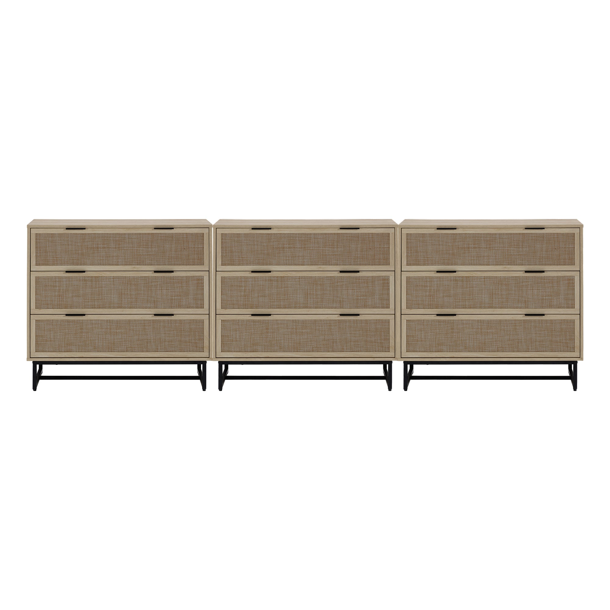 Three matching light wood dressers with three drawers each, featuring dark handles and black metal legs, arranged side by side against a white background.