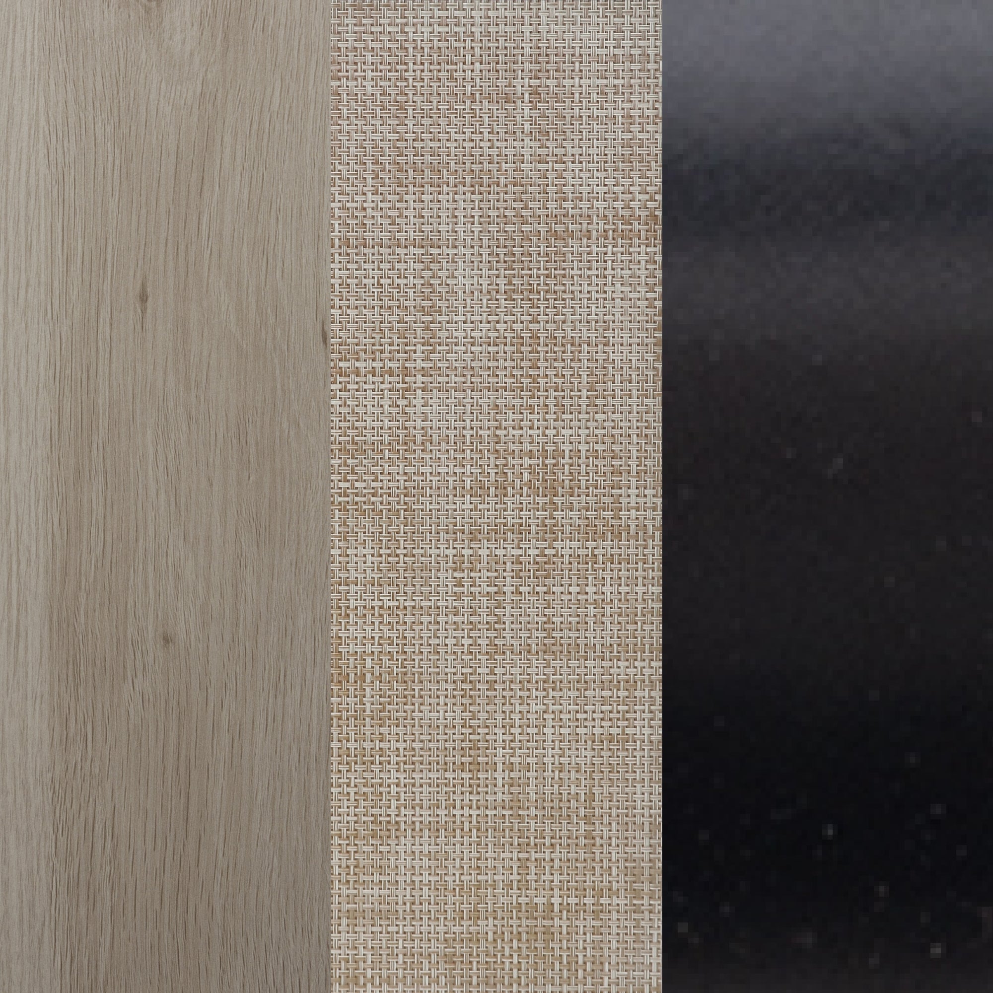 Three vertical panels show different materials: light wood grain on the left, beige woven fabric in the center, and smooth, glossy black surface on the right.