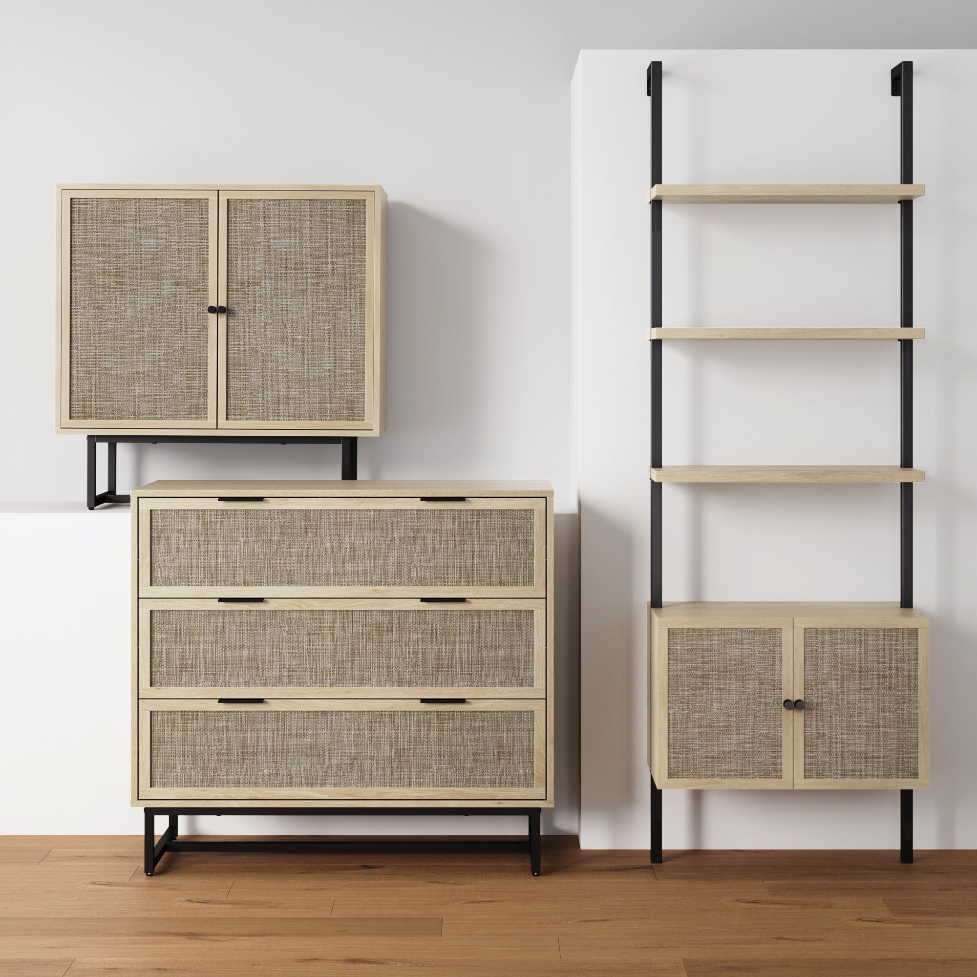 A modern storage set with light wood frames and woven textured doors, including a cabinet, a drawer chest, and wall-mounted shelves, stands against a white wall on a hardwood floor.