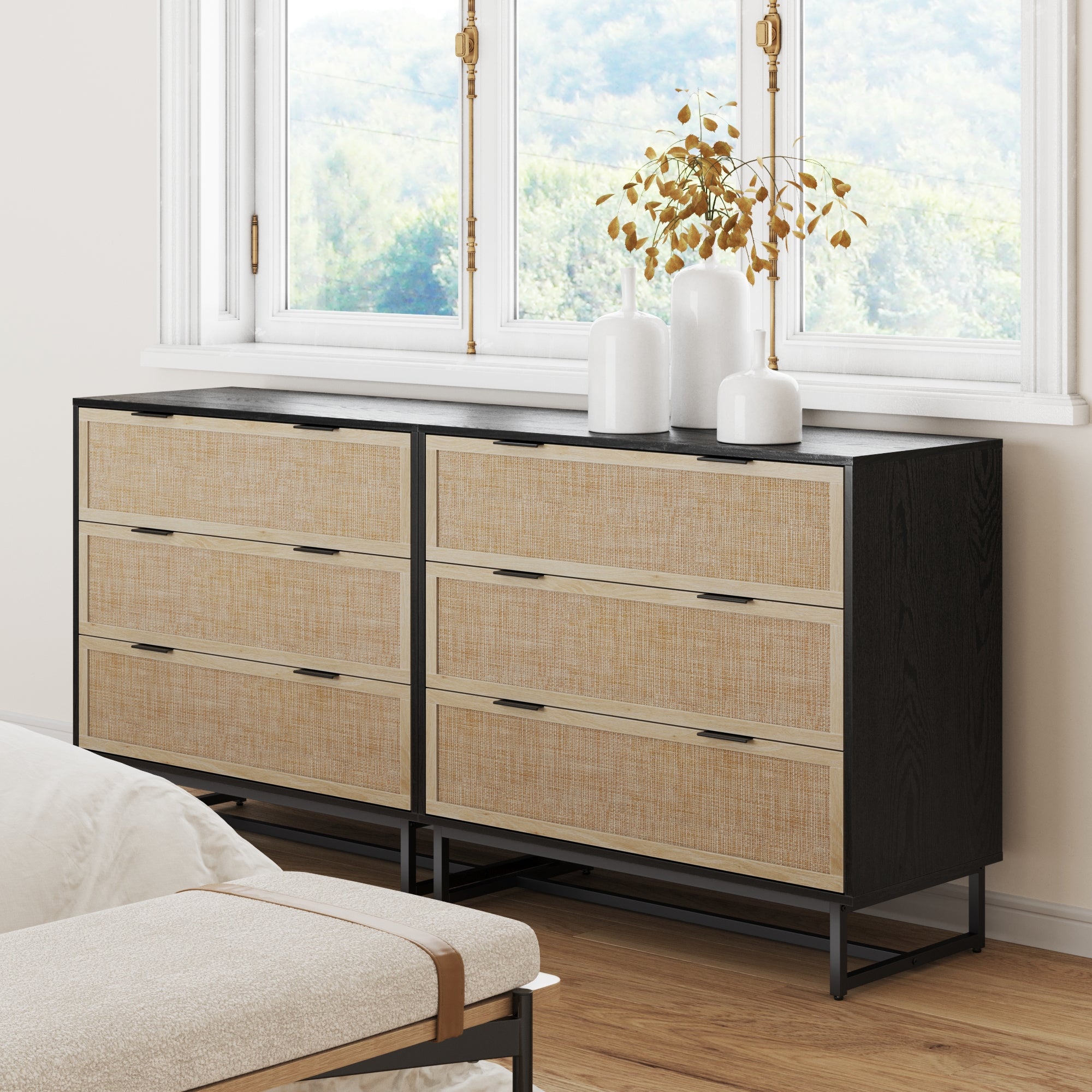 Rattan, Wood & Metal 3 - Drawer Dressers Black (Set of 2) - Nathan James