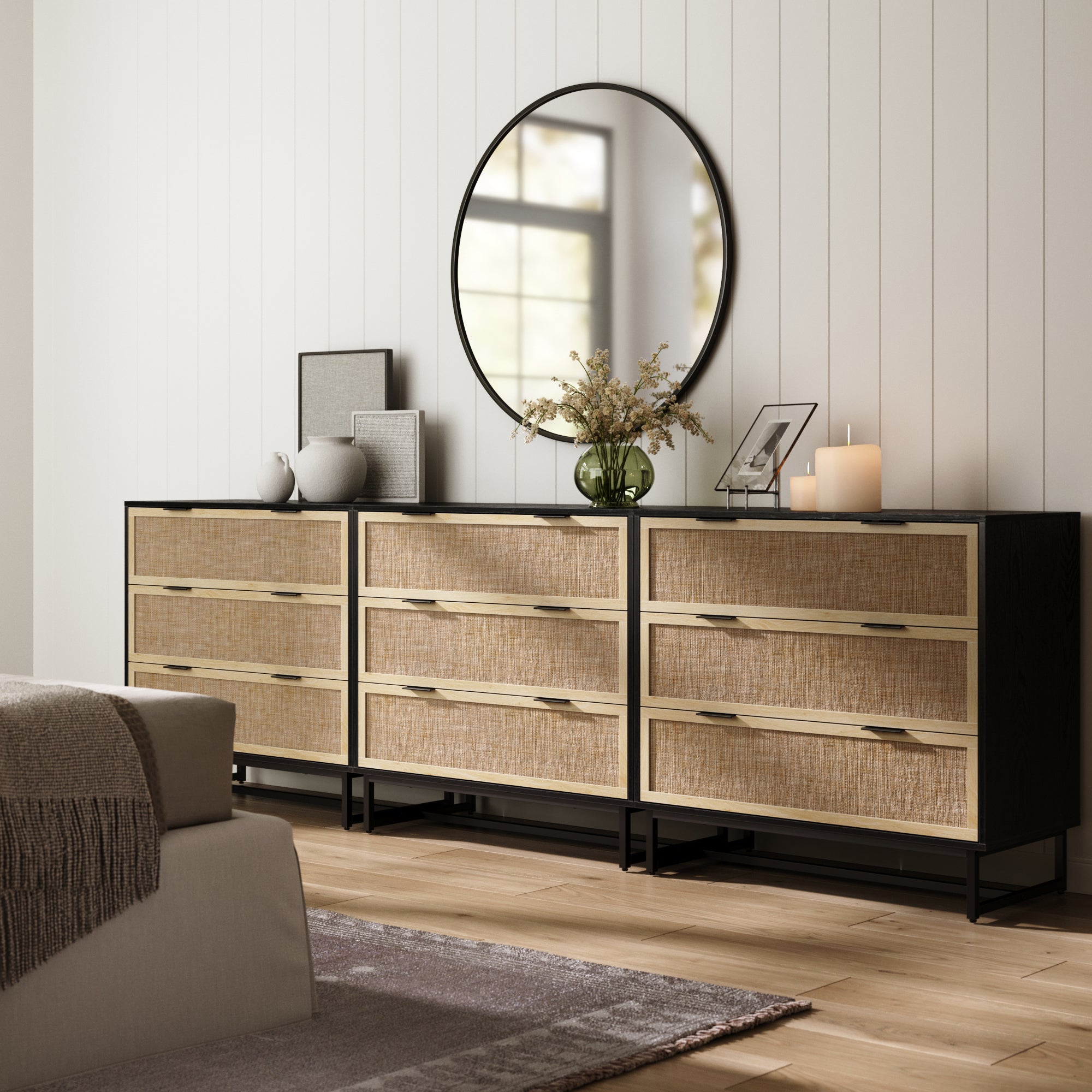 Rattan, Wood & Metal 3 - Drawer Dressers Black (Set of 3) - Nathan James