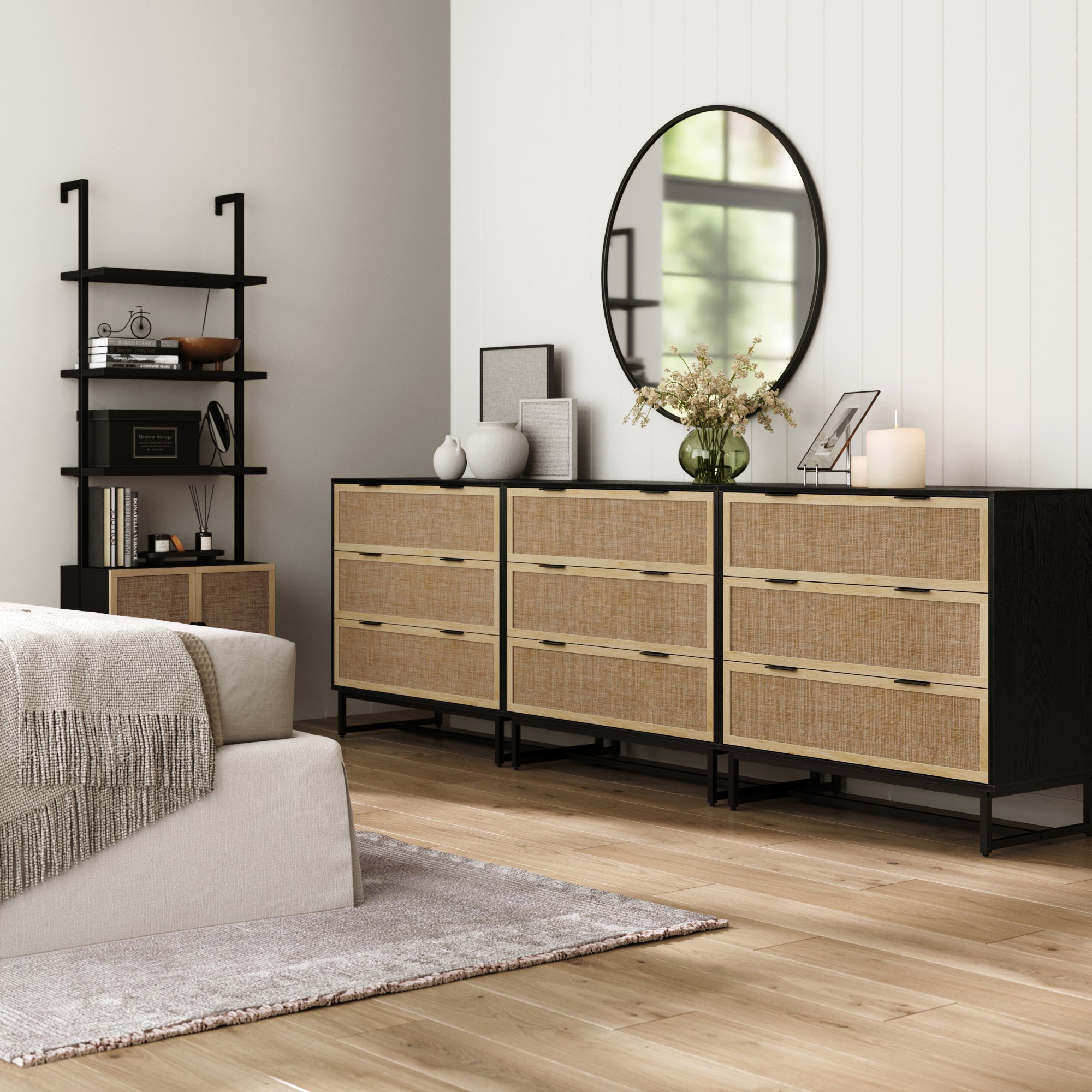 Rattan, Wood & Metal 3 - Drawer Dressers Black (Set of 3) - Nathan James