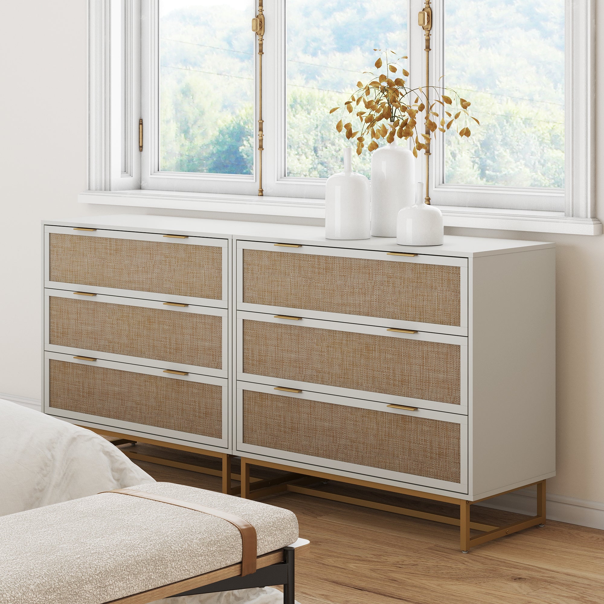 Rattan, Wood & Metal 3 - Drawer Dressers White (Set of 2) - Nathan James