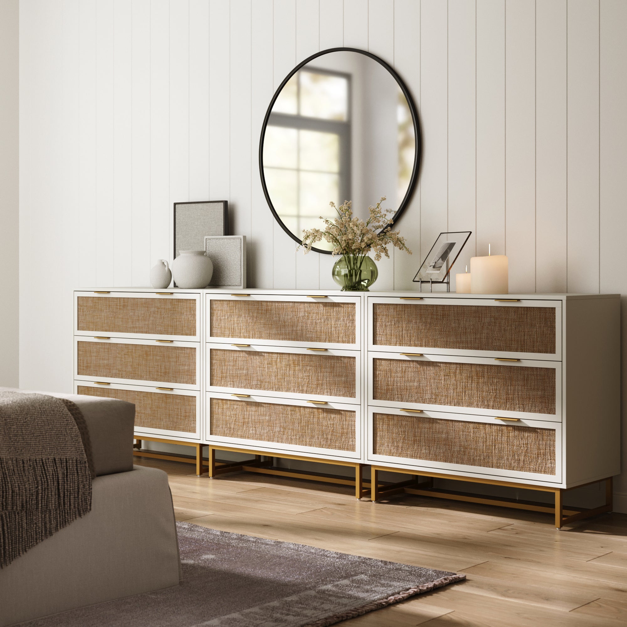Rattan, Wood & Metal 3 - Drawer Dressers White (Set of 3) - Nathan James