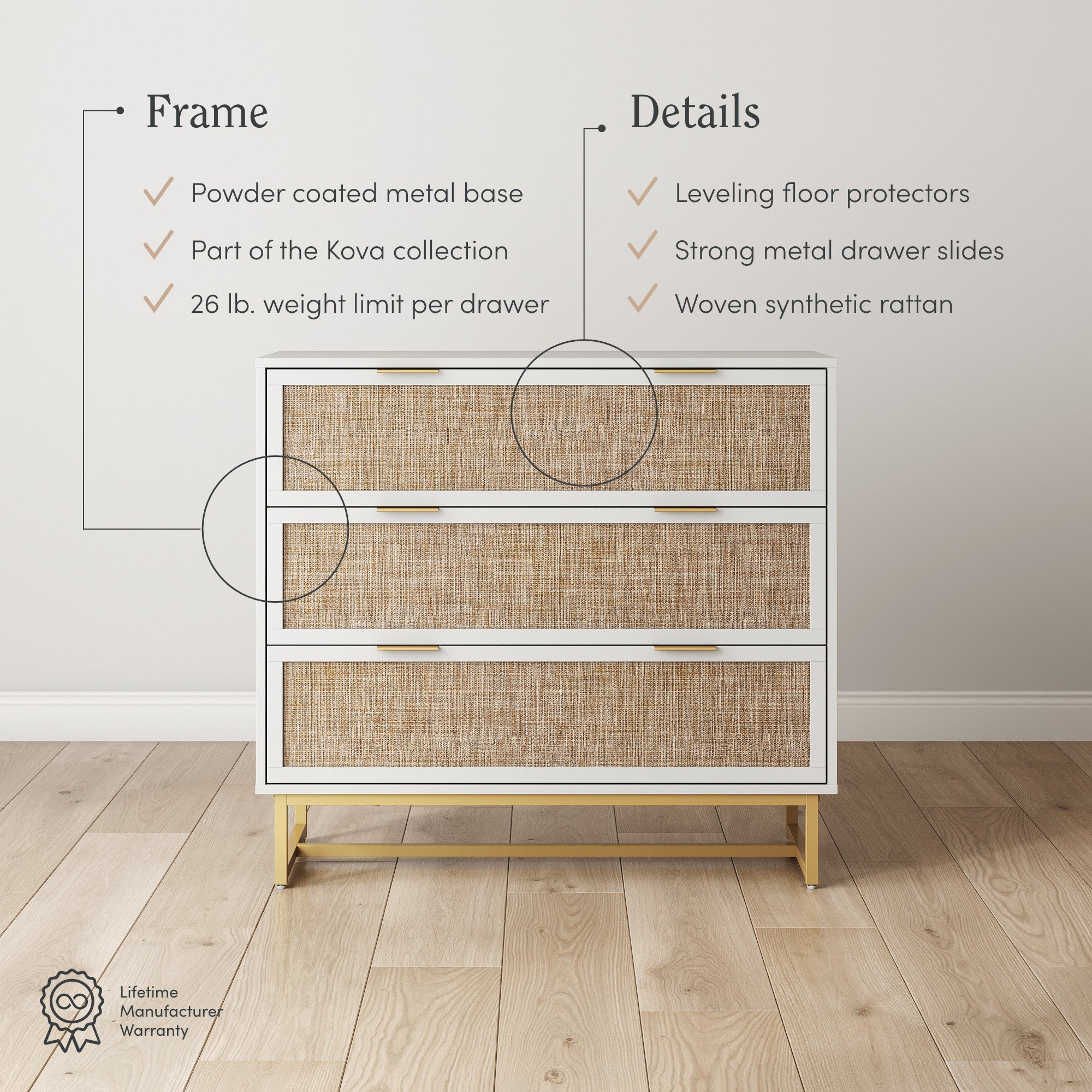 A white three-drawer dresser with woven rattan drawer fronts and gold metal legs. Text highlights features like powder-coated metal, leveling floor protectors, and a 26 lb. weight limit per drawer.