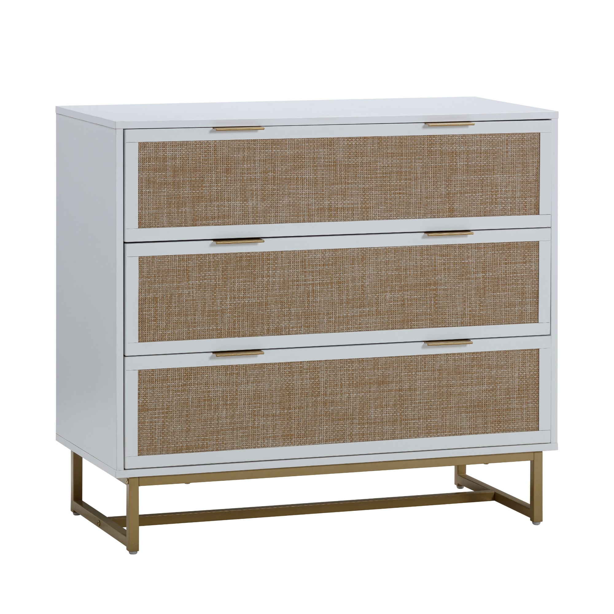 A modern dresser with a white frame, three large drawers featuring woven rattan fronts, slim gold handles, and a gold metal base.
