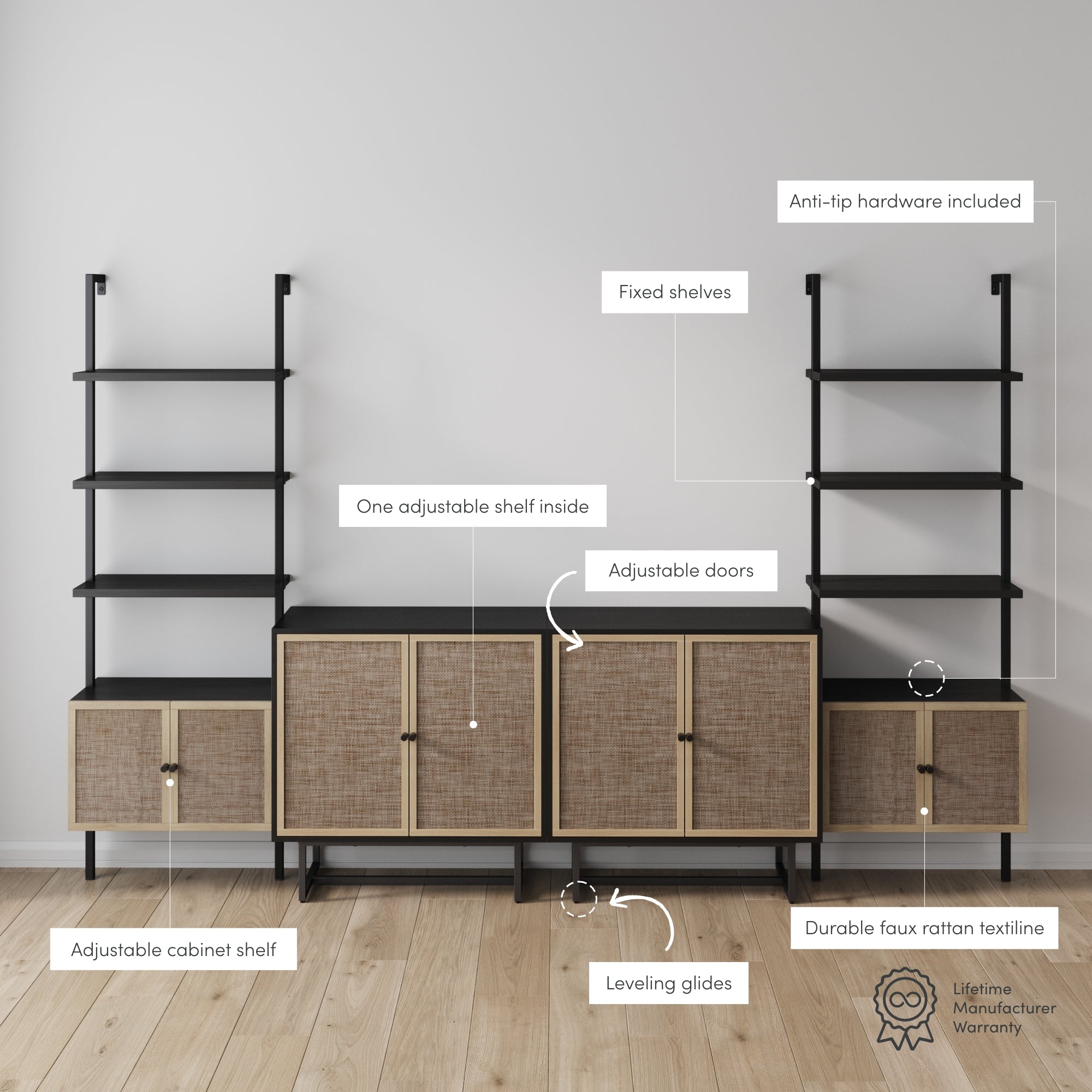 Modern shelving unit with faux rattan cabinet doors, black frame, and labeled features: anti-tip hardware, fixed shelves, adjustable shelf inside, adjustable doors, adjustable shelf, leveling glides, and manufacturer warranty.