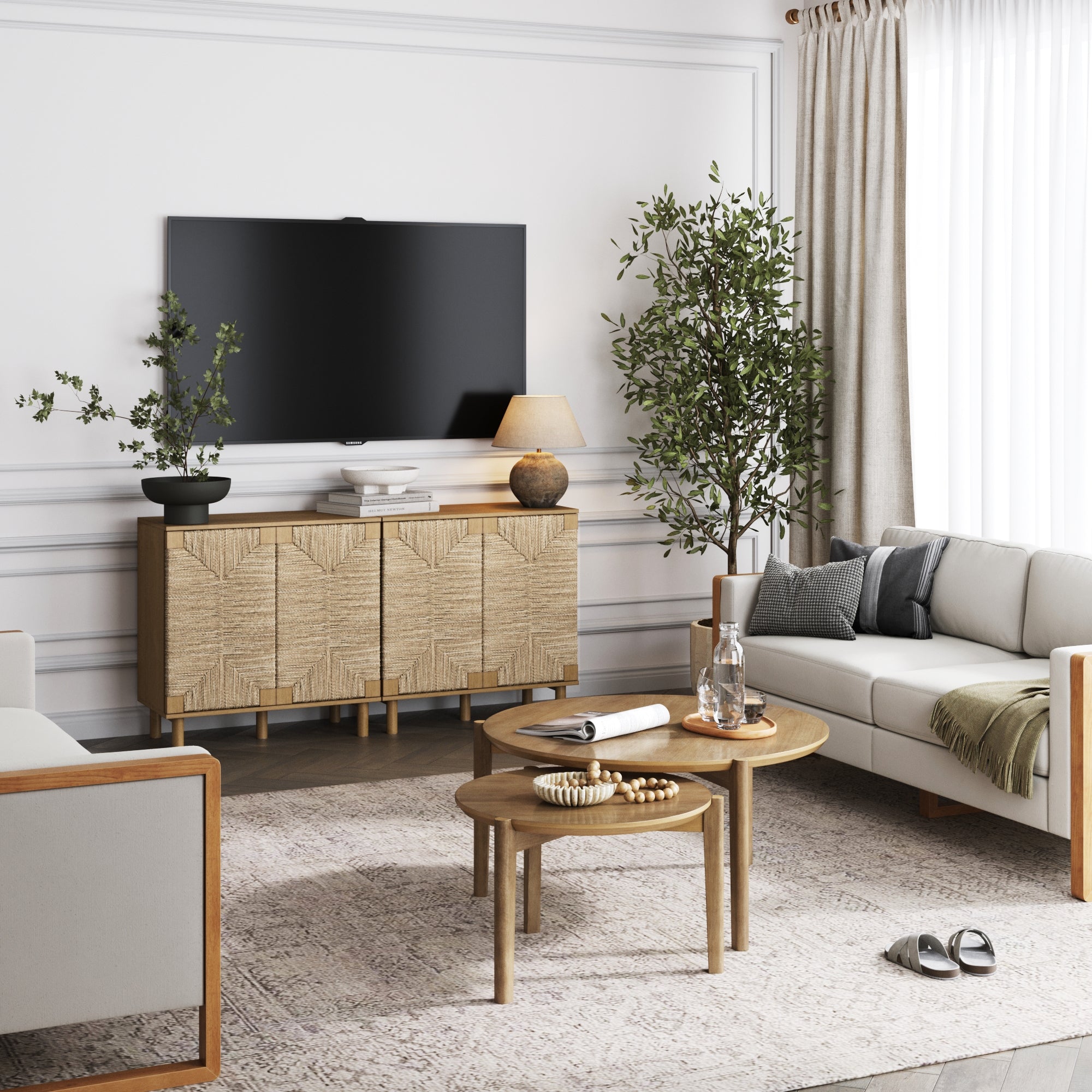 Wood TV Console for TVs 55 - 65" with Seagrass Doors Light Brown - Nathan James